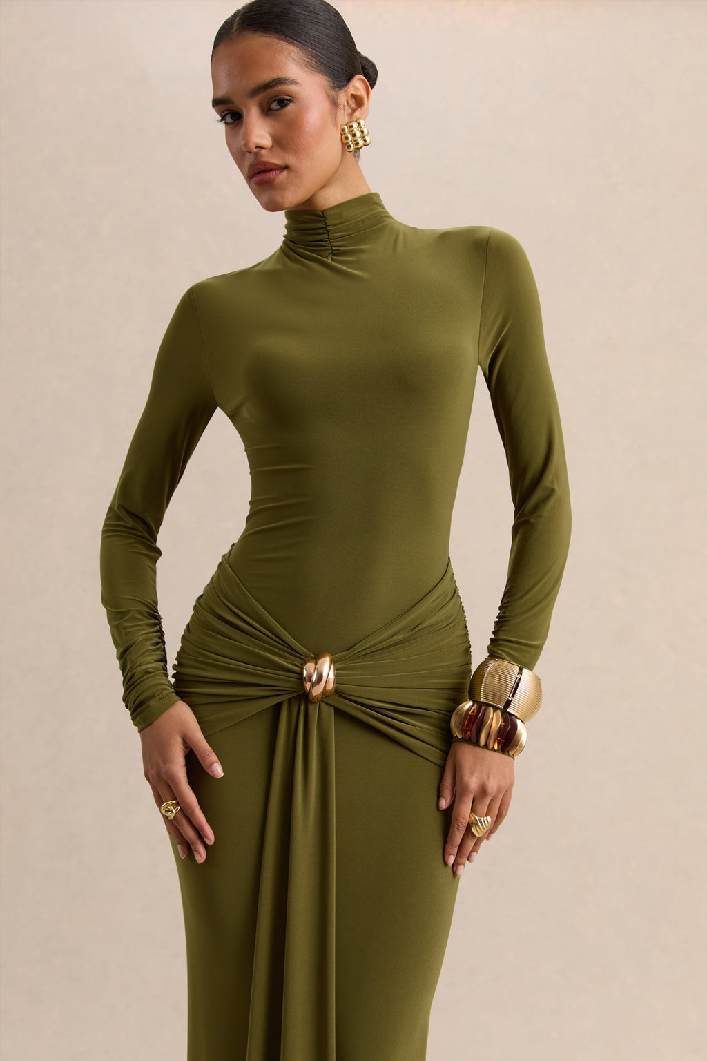 Ambrette | Olive High-Neck Maxi Dress With Gathered-Detailing