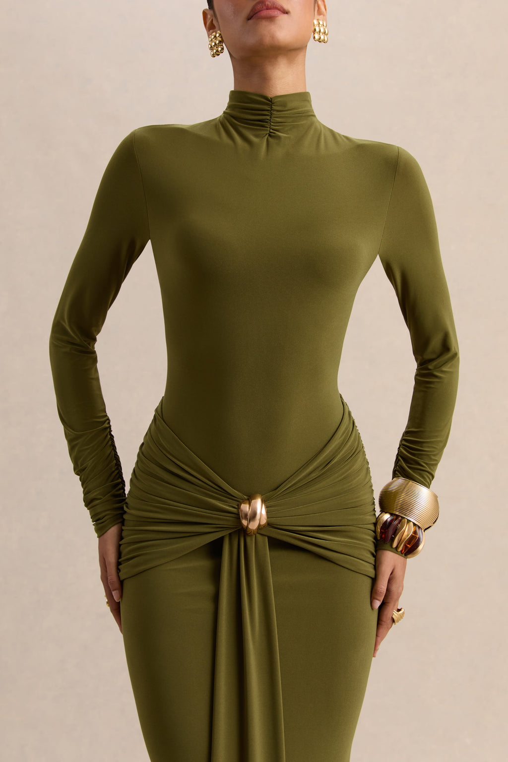 Ambrette | Olive High-Neck Maxi Dress With Gathered-Detailing