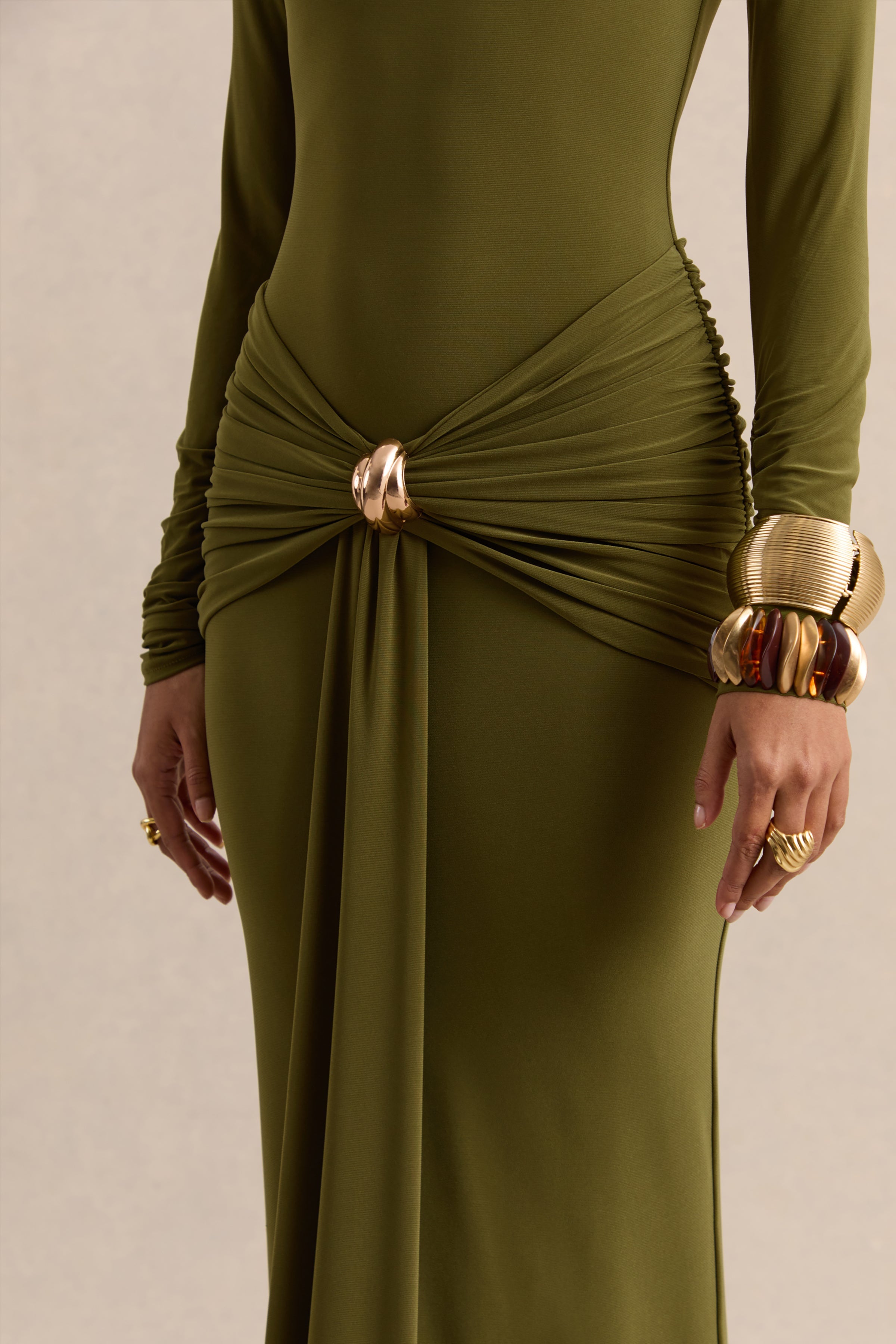 Ambrette | Olive High-Neck Maxi Dress With Gathered-Detailing