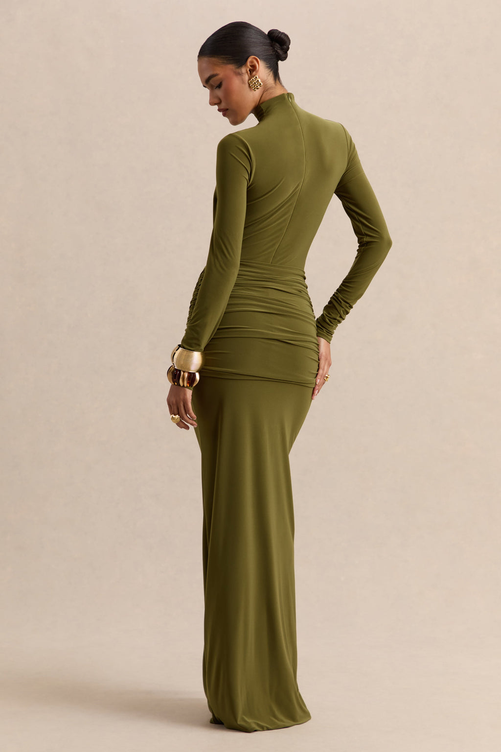 Ambrette | Olive High-Neck Maxi Dress With Gathered-Detailing