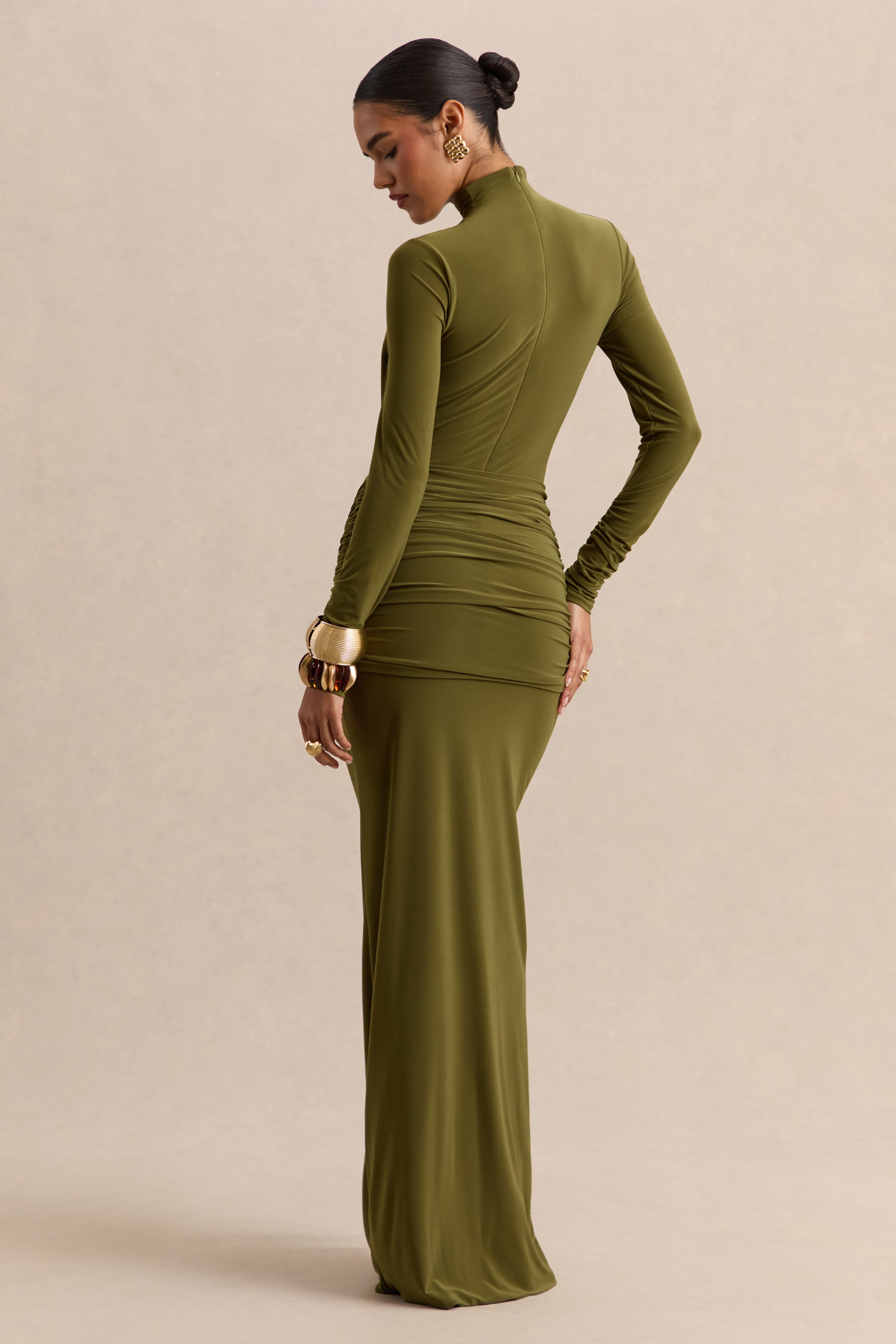 Ambrette | Olive High-Neck Maxi Dress With Gathered-Detailing