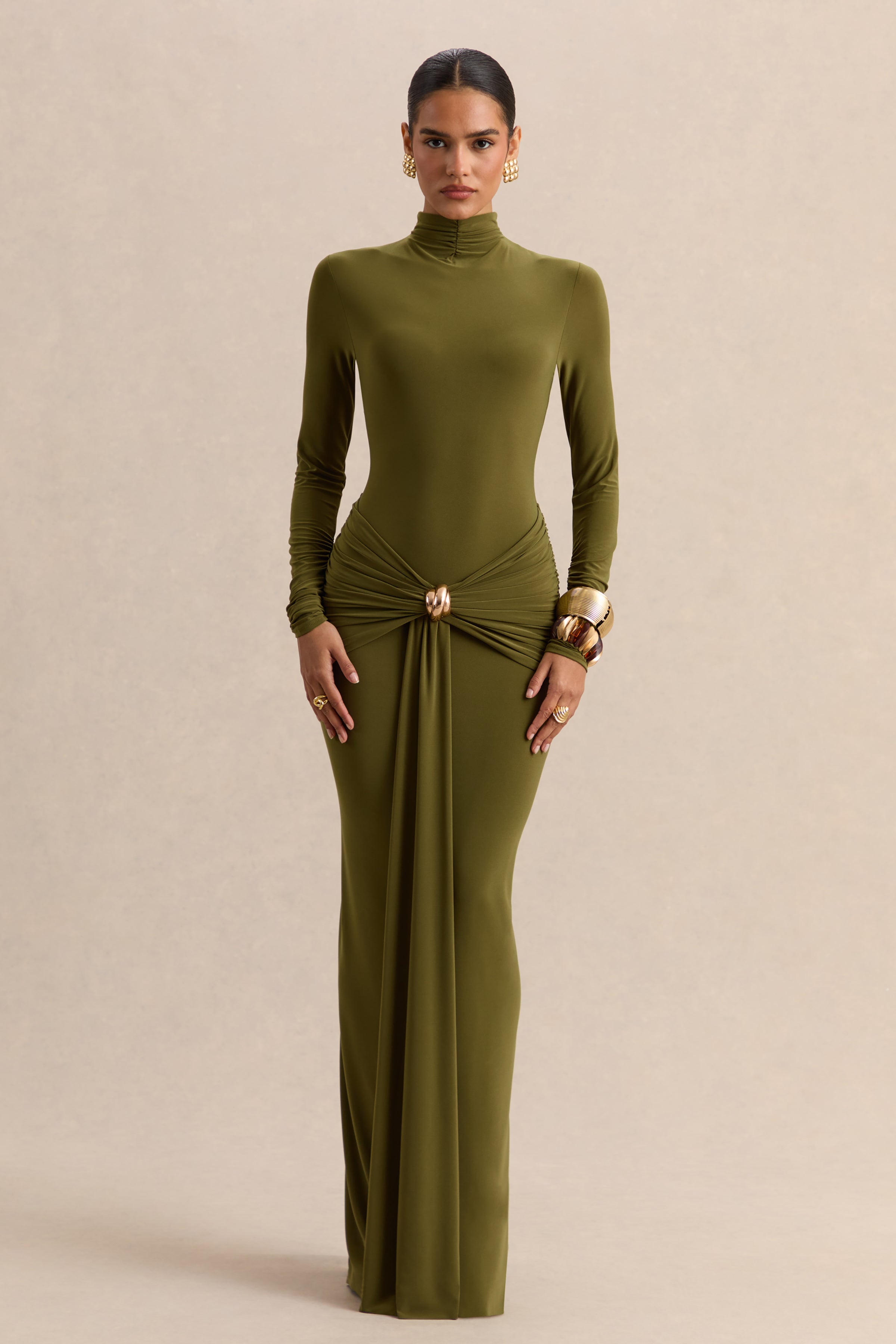 Ambrette | Olive High-Neck Maxi Dress With Gathered-Detailing