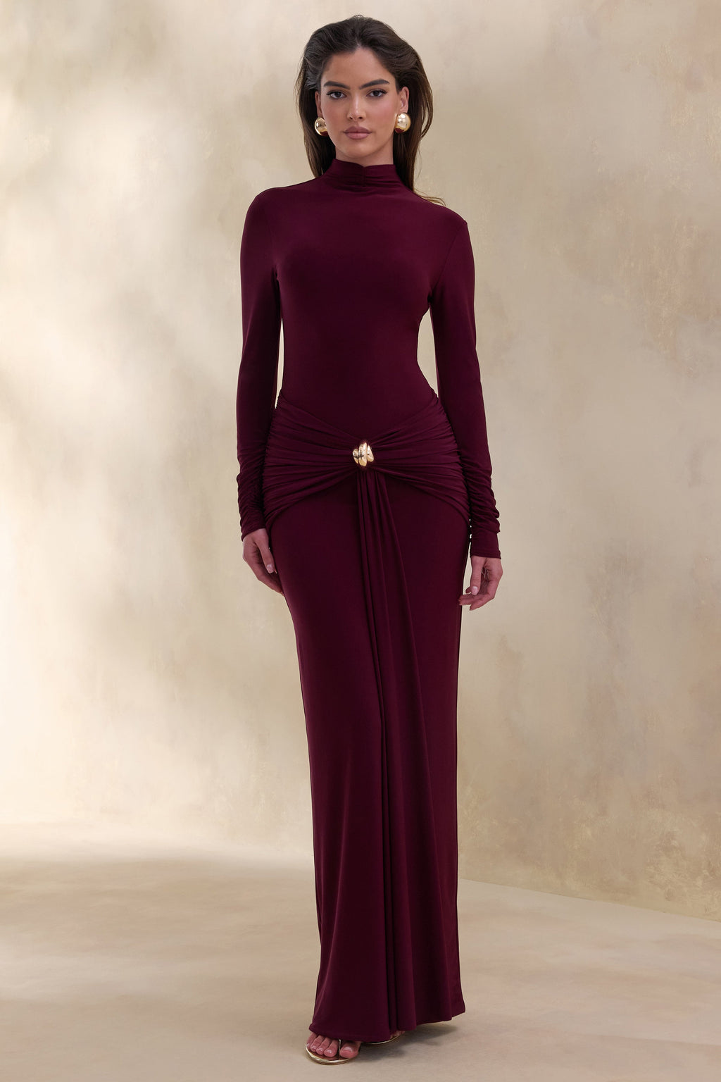 Ambrette | Dark Plum High-Neck Maxi Dress With Gathered-Detailing