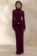 Ambrette | Dark Plum High-Neck Maxi Dress With Gathered-Detailing