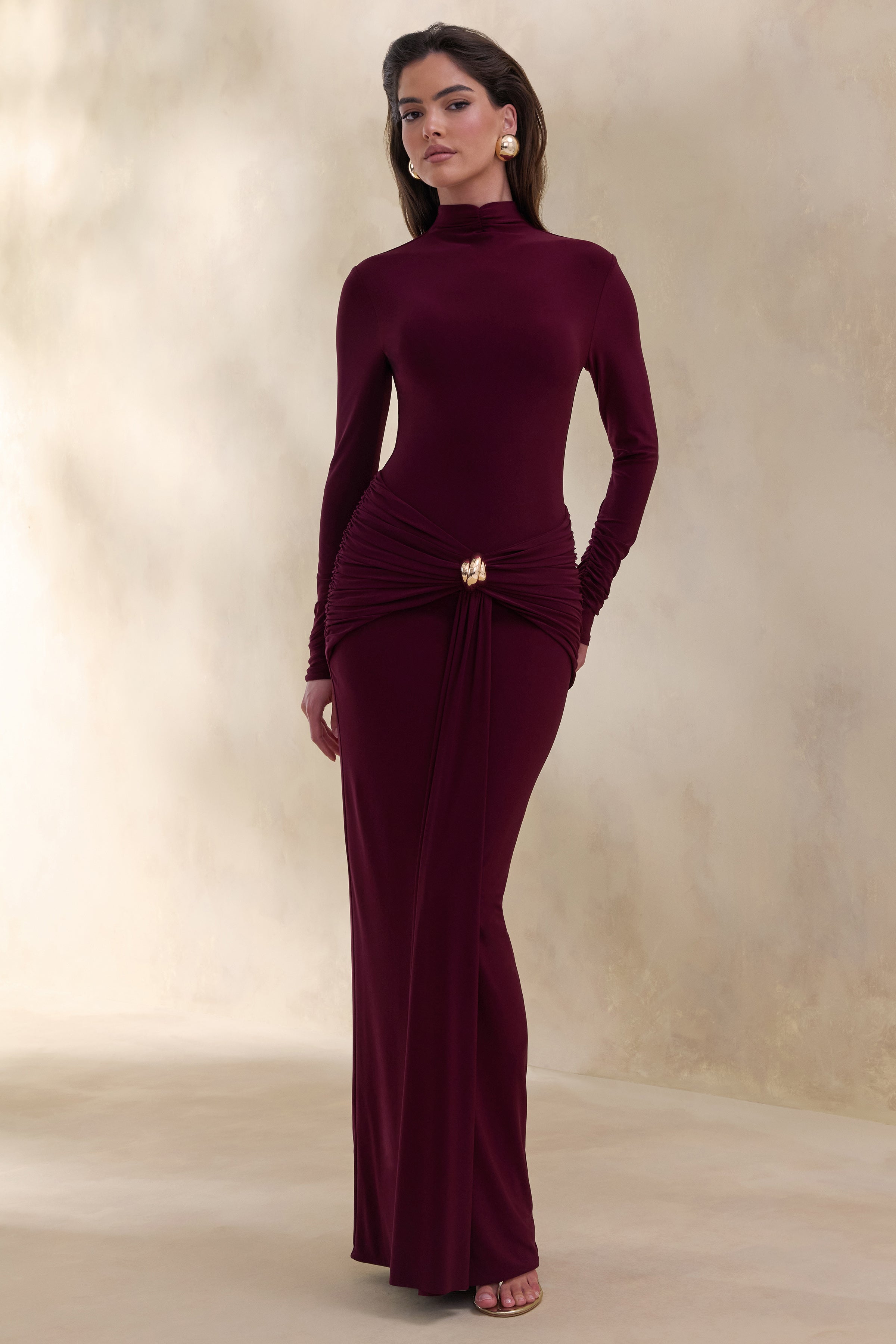 Ambrette | Dark Plum High-Neck Maxi Dress With Gathered-Detailing