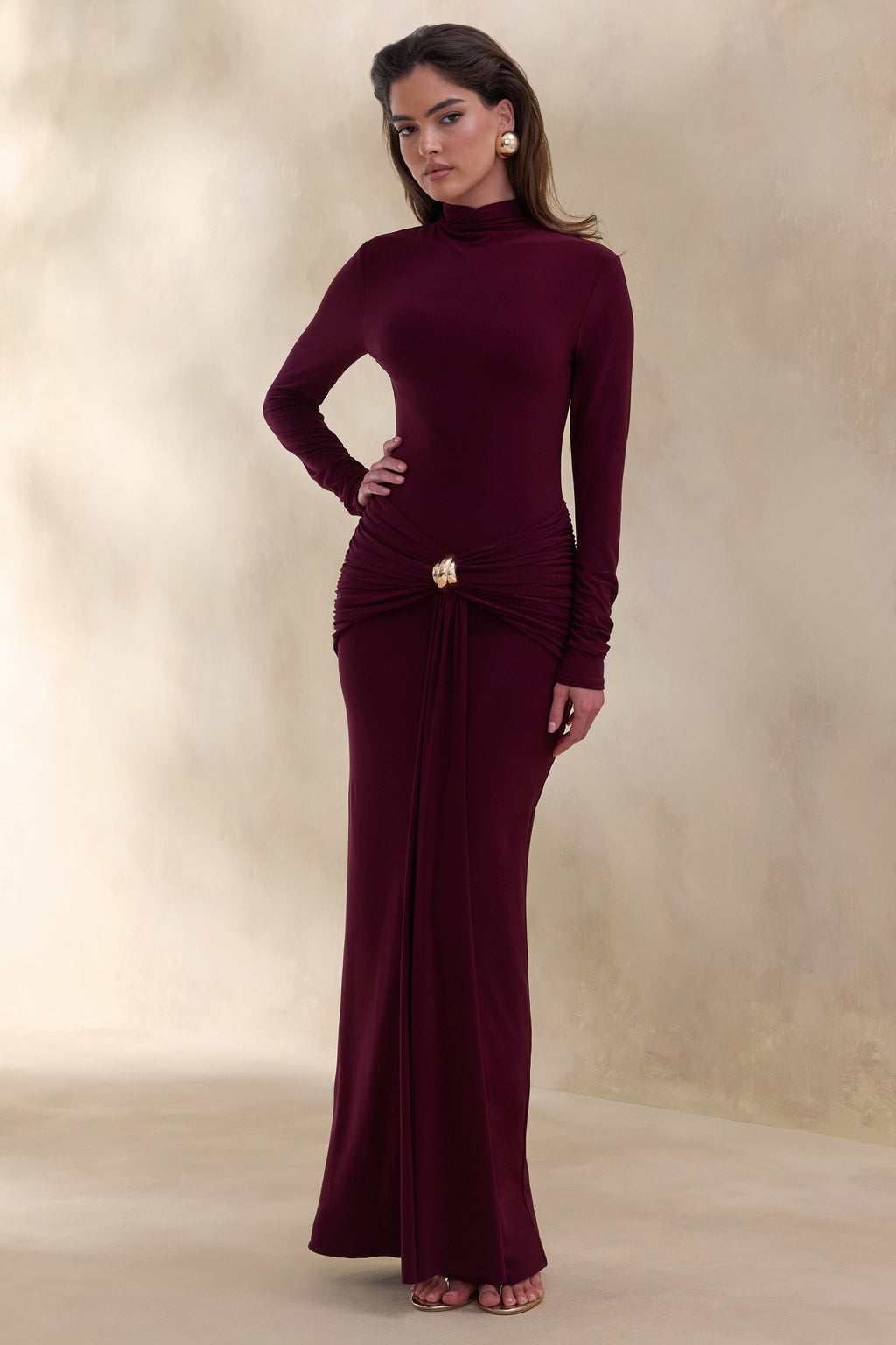 Ambrette | Dark Plum High-Neck Maxi Dress With Gathered-Detailing