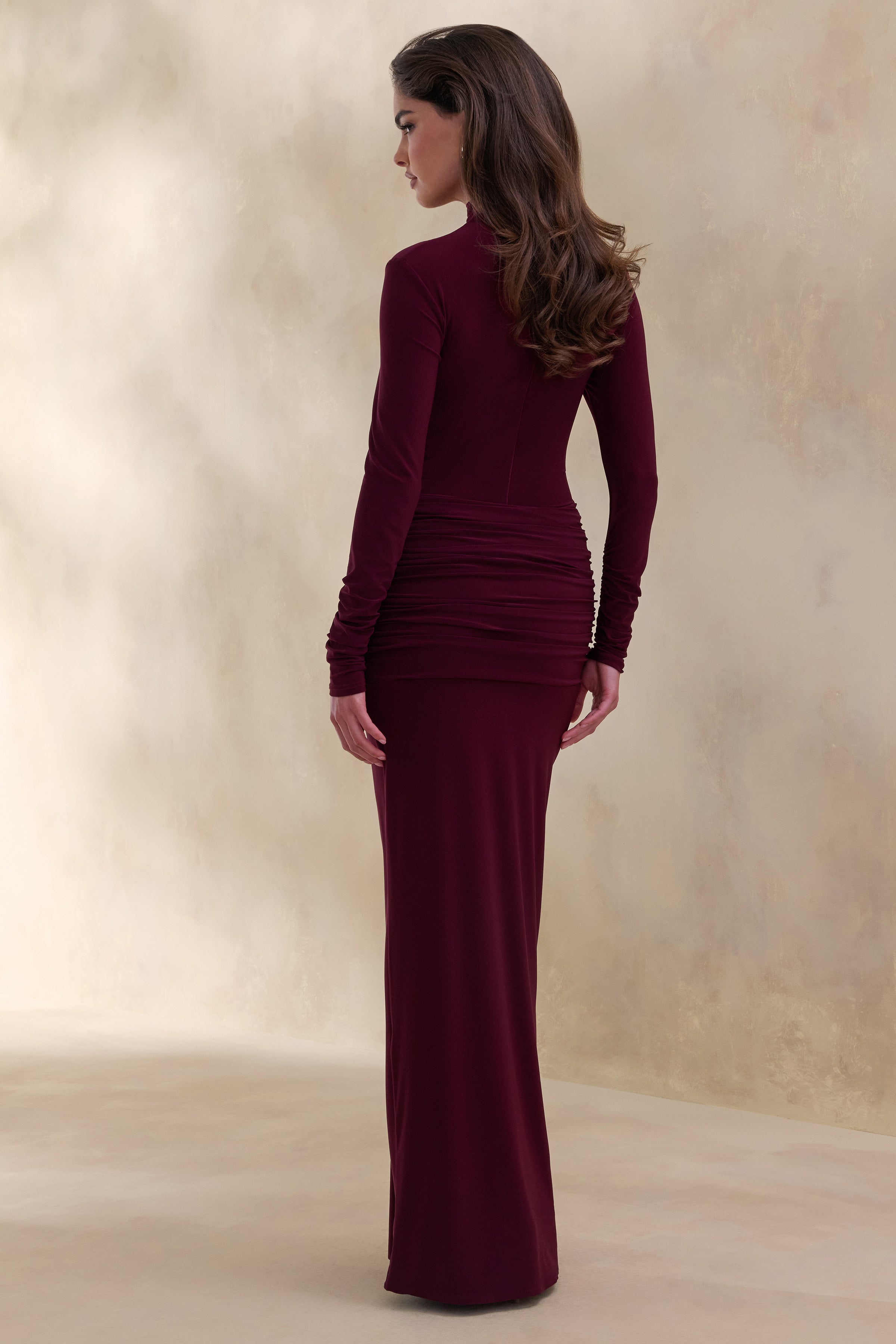 Ambrette | Dark Plum High-Neck Maxi Dress With Gathered-Detailing