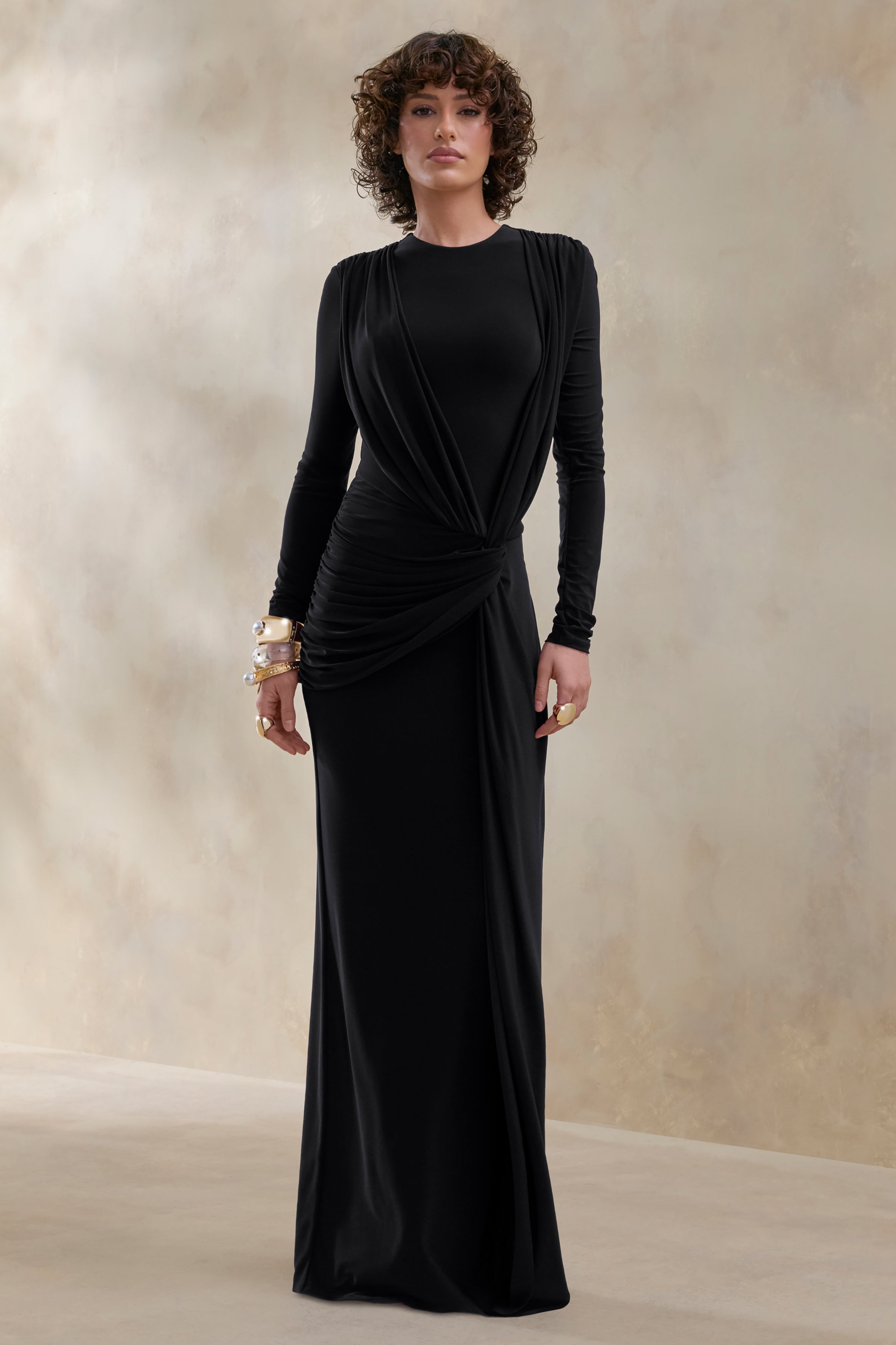 Desirelle | Black Crew-Neck Maxi Dress With Gathered-Detailing