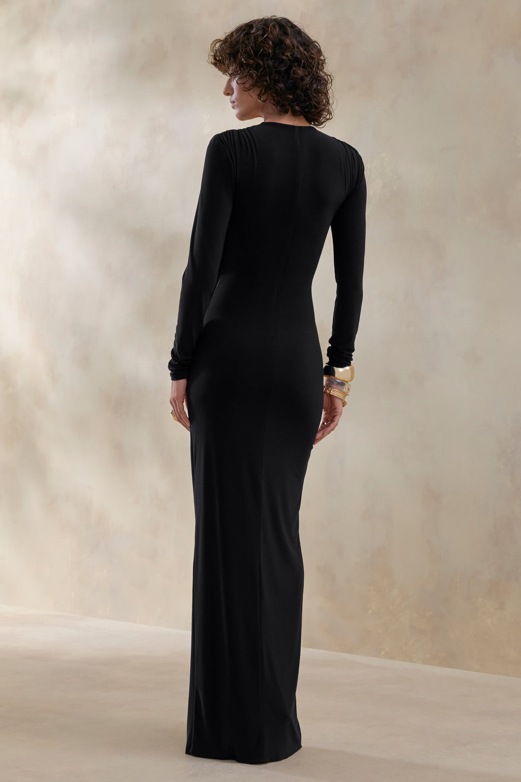 Desirelle | Black Crew-Neck Maxi Dress With Gathered-Detailing