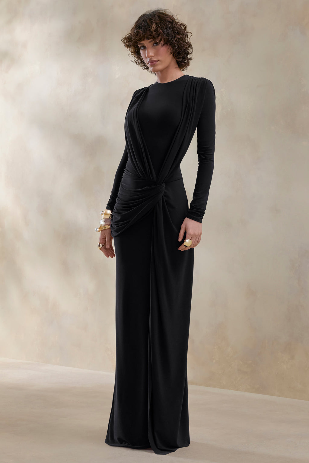 Desirelle | Black Crew-Neck Maxi Dress With Gathered-Detailing
