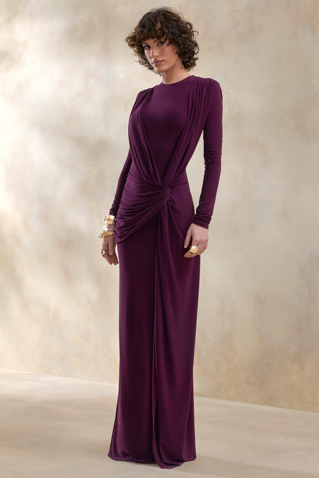 Desirelle | Plum Crew-Neck Maxi Dress With Gathered-Detailing