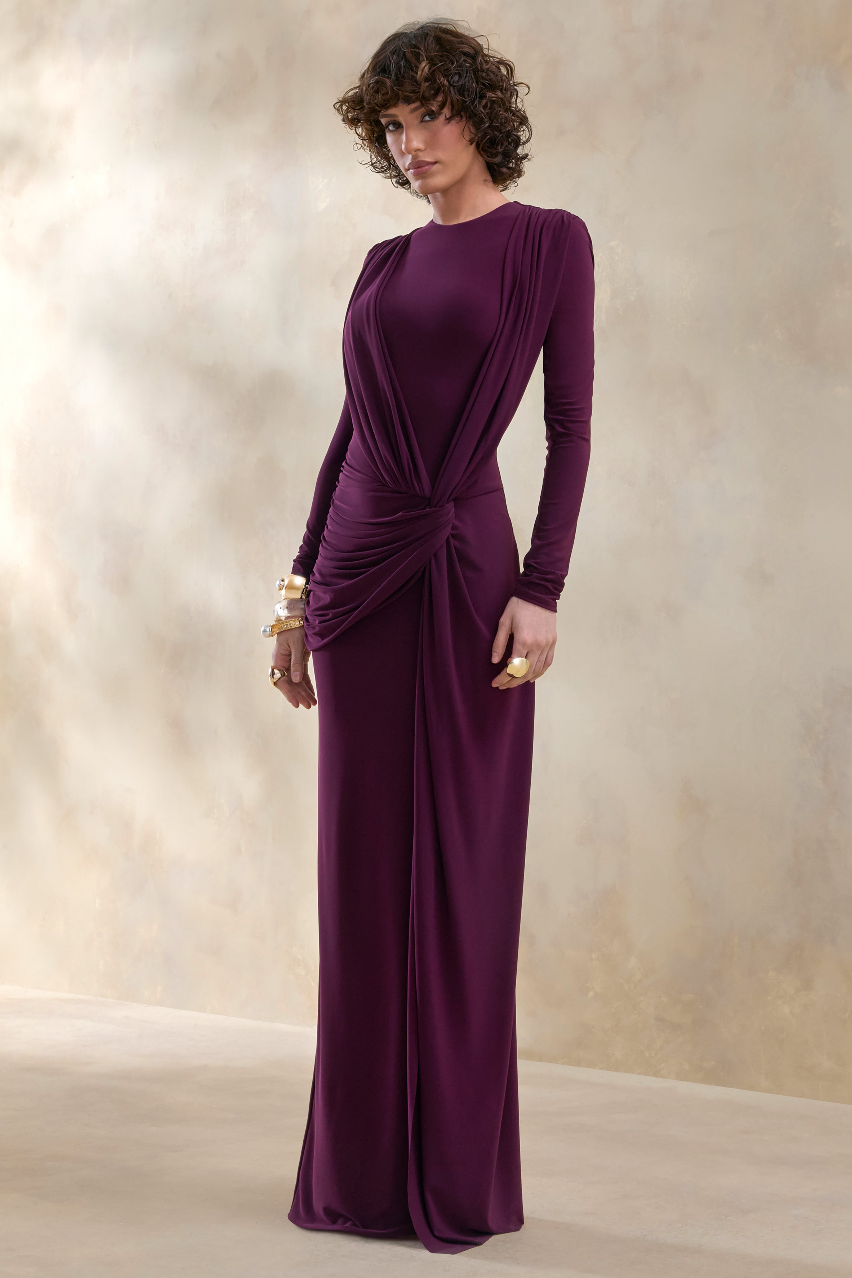 Desirelle | Plum Crew-Neck Maxi Dress With Gathered-Detailing
