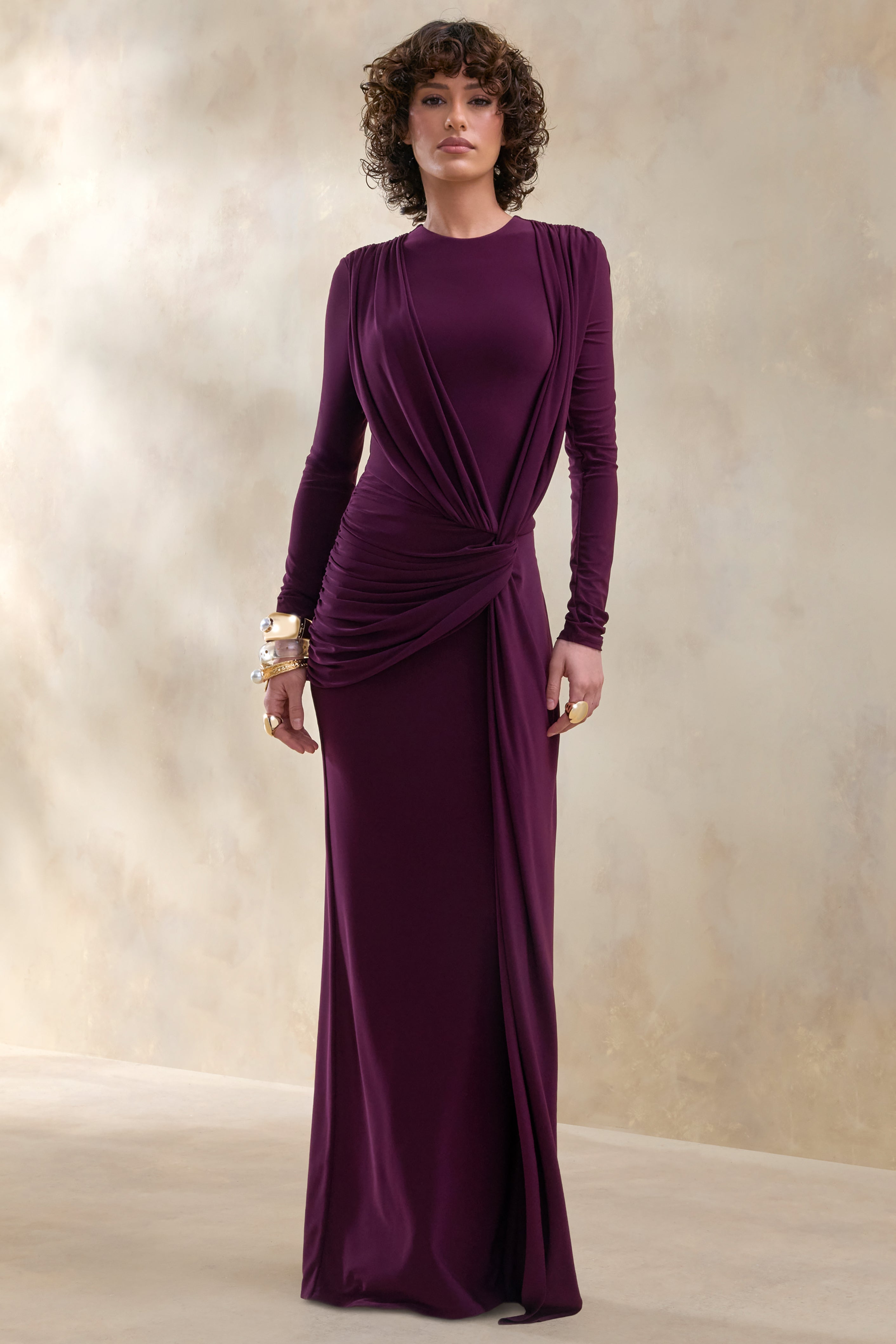 Desirelle | Plum Crew-Neck Maxi Dress With Gathered-Detailing