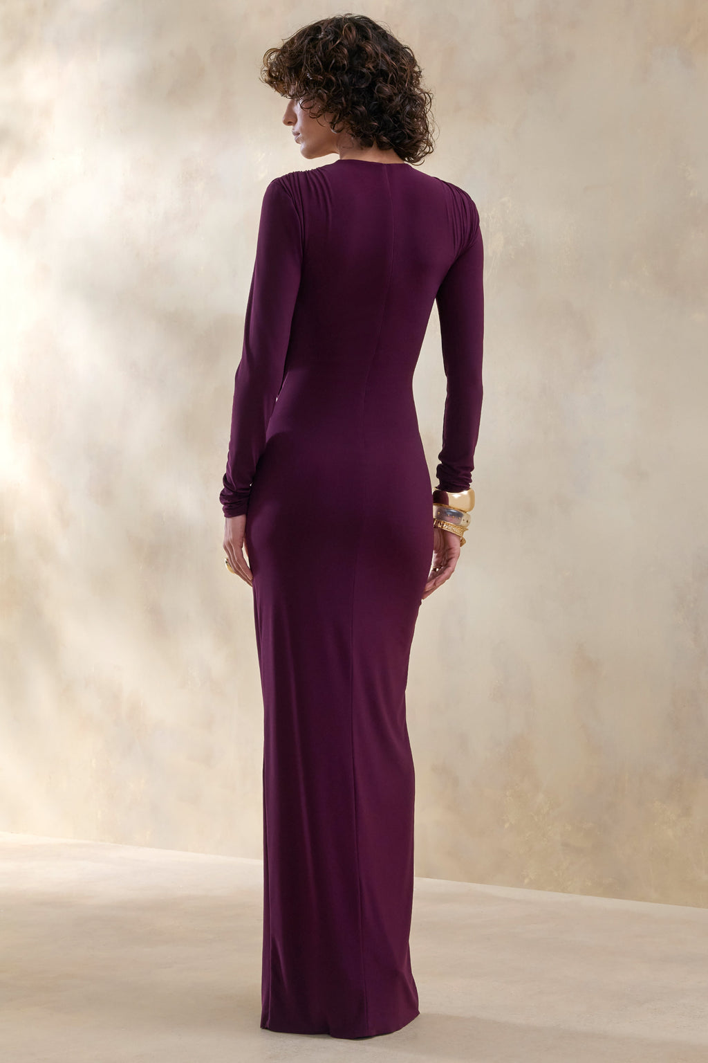 Desirelle | Plum Crew-Neck Maxi Dress With Gathered-Detailing