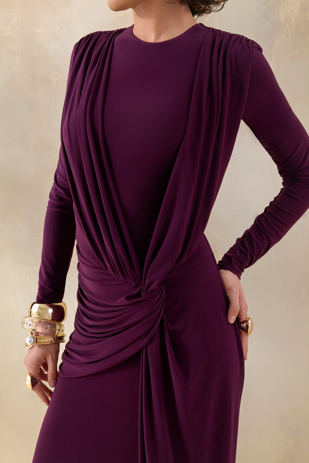 Desirelle | Plum Crew-Neck Maxi Dress With Gathered-Detailing