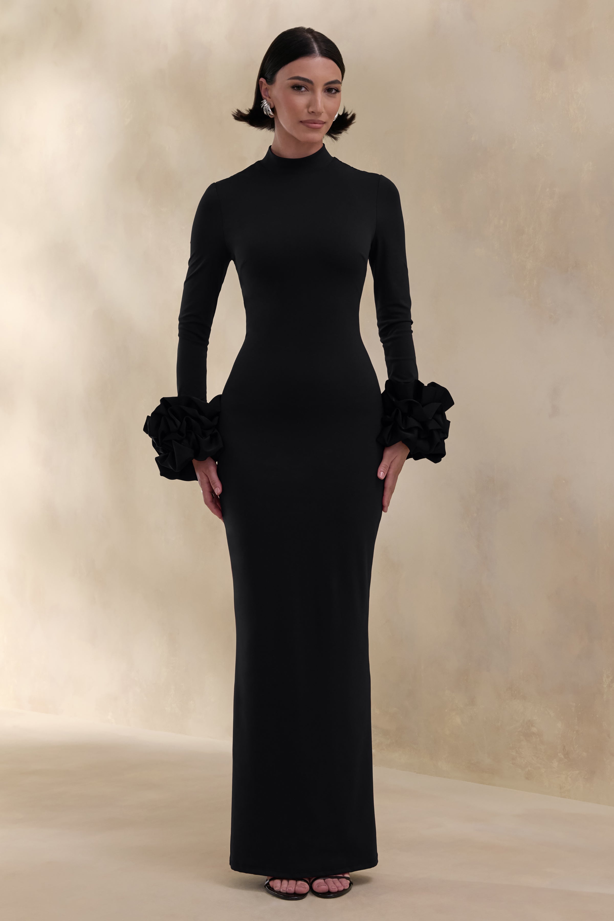 Jaselle | Black High-Neck Maxi Dress With Ruffled Satin-Cuffs