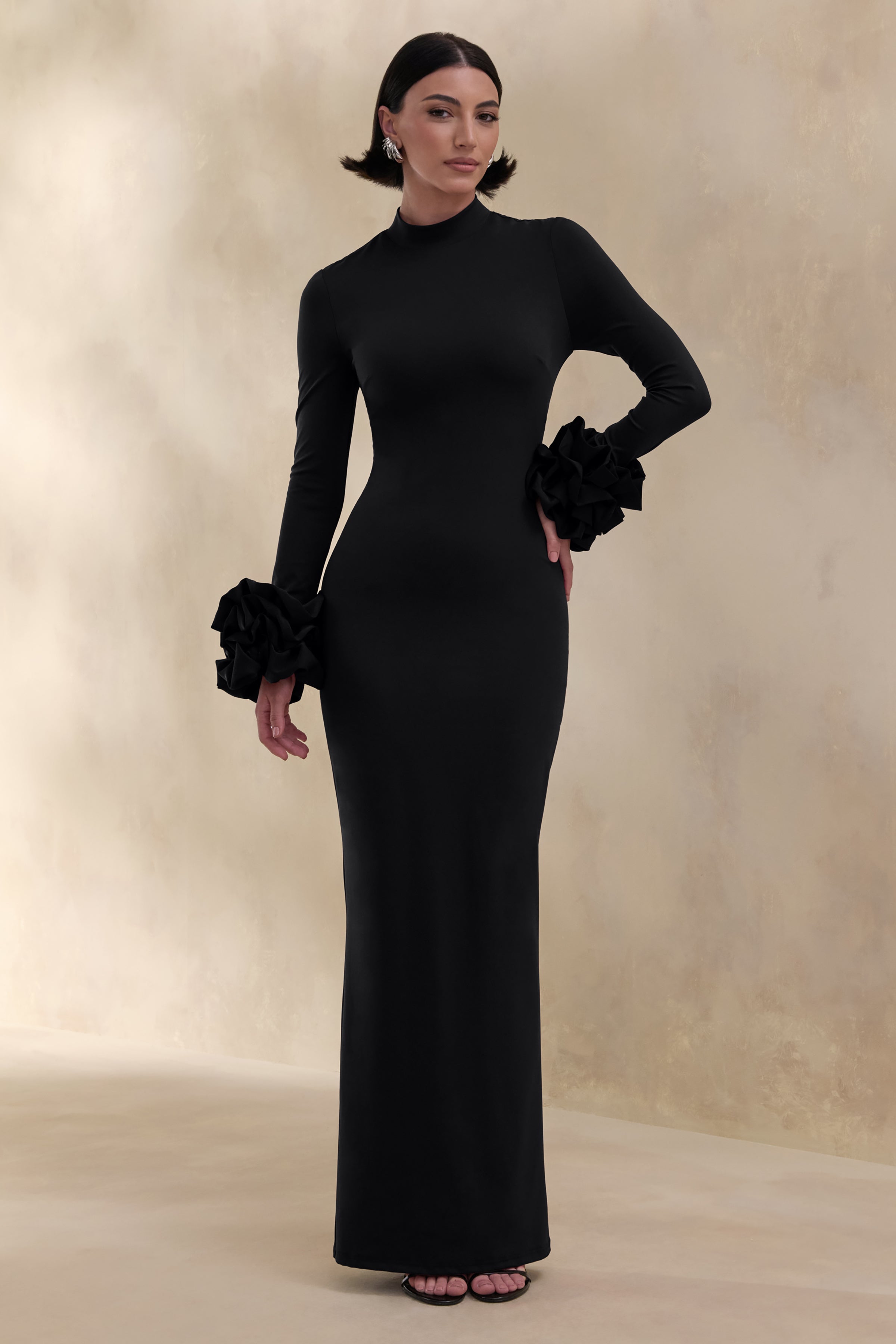 Jaselle | Black High-Neck Maxi Dress With Ruffled Satin-Cuffs