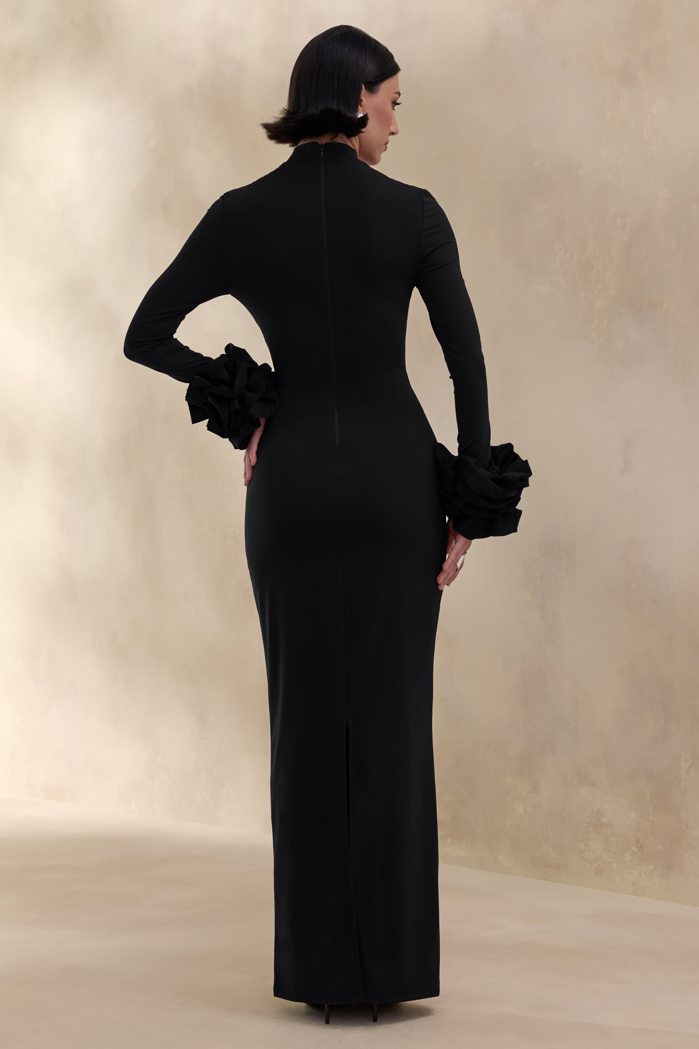 Jaselle | Black High-Neck Maxi Dress With Ruffled Satin-Cuffs