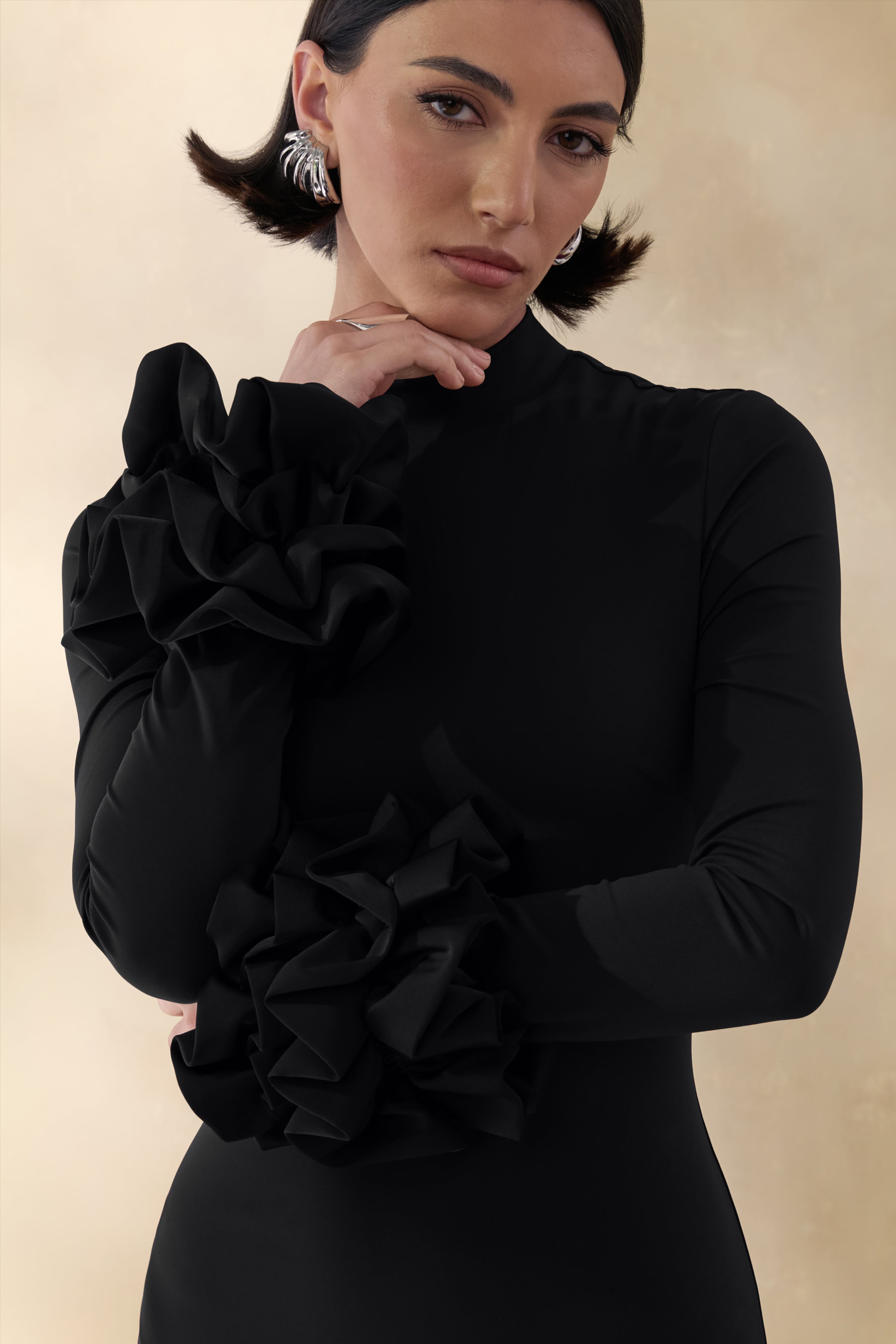 Jaselle | Black High-Neck Maxi Dress With Ruffled Satin-Cuffs
