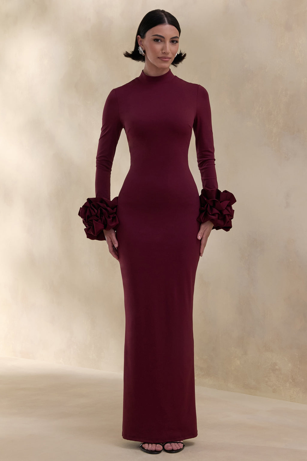 Jaselle | Dark Plum High-Neck Maxi Dress With Ruffled Satin-Cuffs