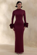 Jaselle | Dark Plum High-Neck Maxi Dress With Ruffled Satin-Cuffs