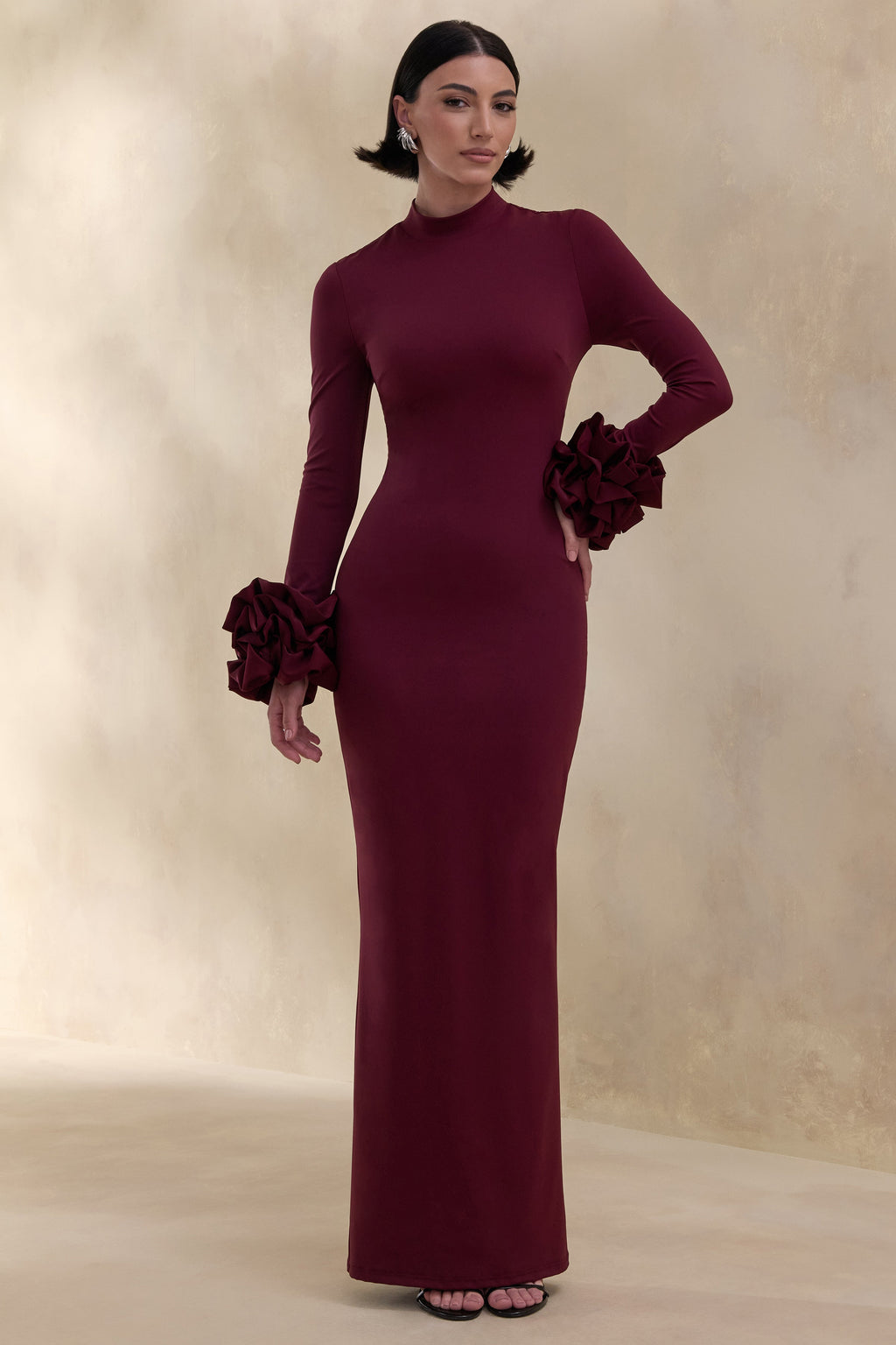 Jaselle | Dark Plum High-Neck Maxi Dress With Ruffled Satin-Cuffs