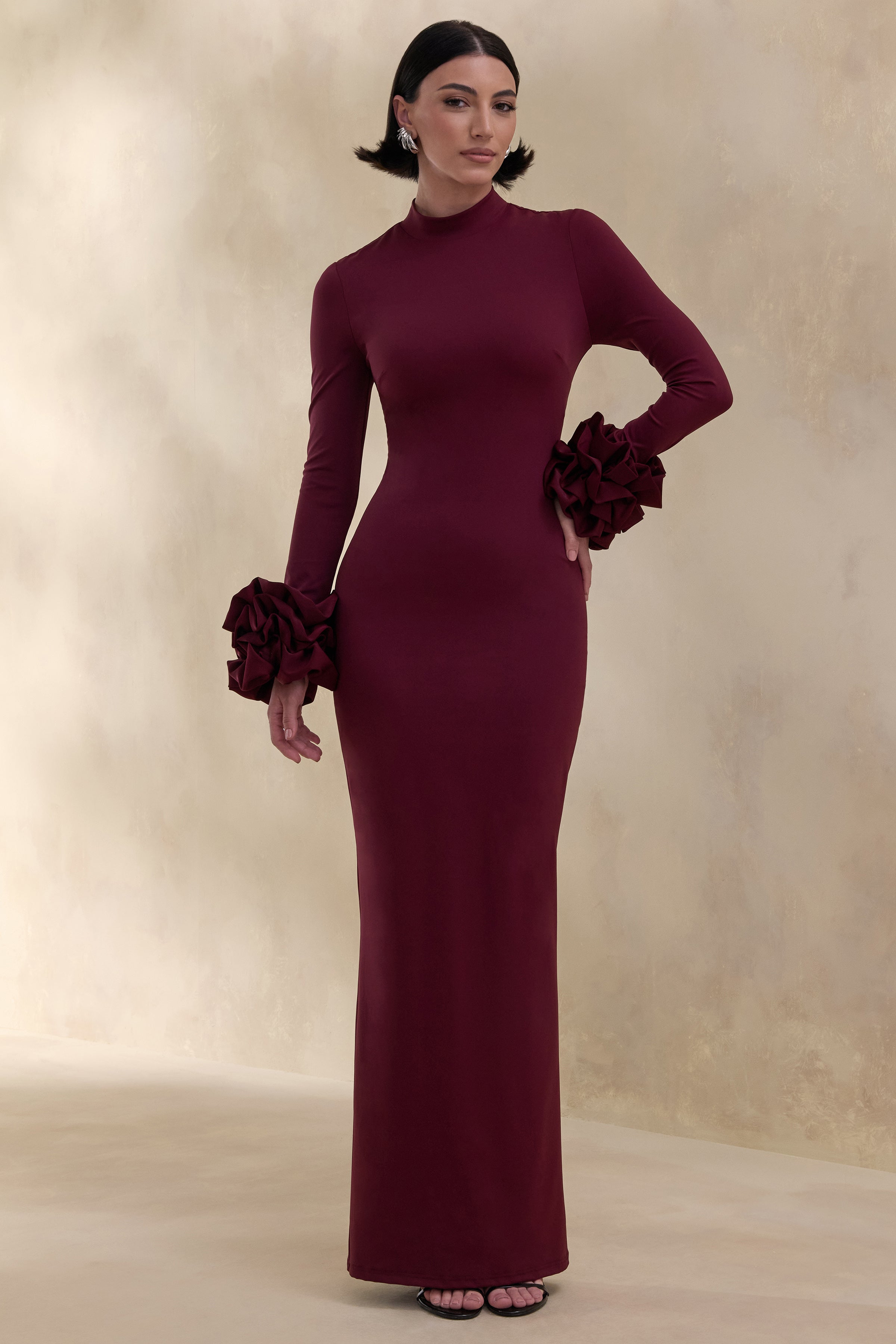 Jaselle | Dark Plum High-Neck Maxi Dress With Ruffled Satin-Cuffs