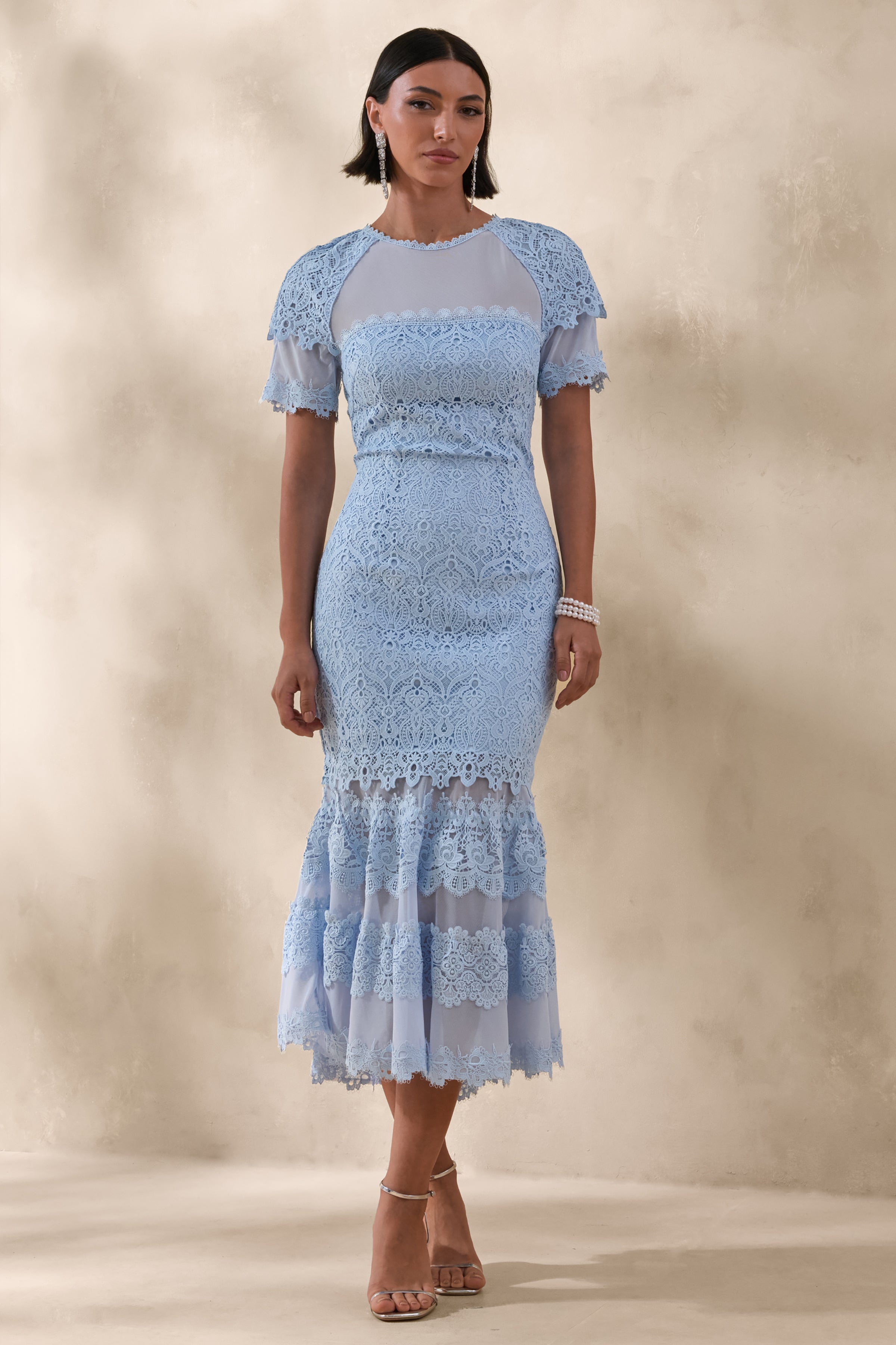 Leanne | Powder Blue Mesh And Lace Crew-Neck Fishtail Midi Dress