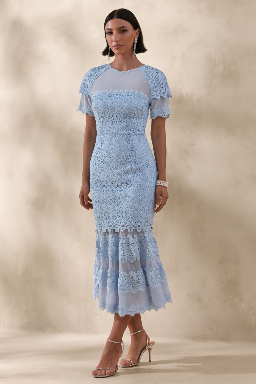Leanne | Powder Blue Mesh And Lace Crew-Neck Fishtail Midi Dress