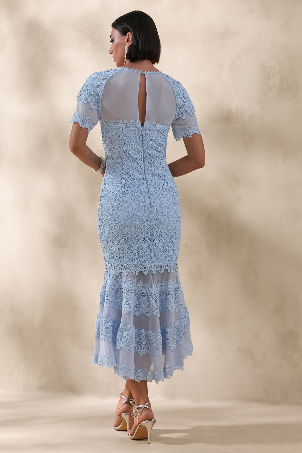Leanne | Powder Blue Mesh And Lace Crew-Neck Fishtail Midi Dress