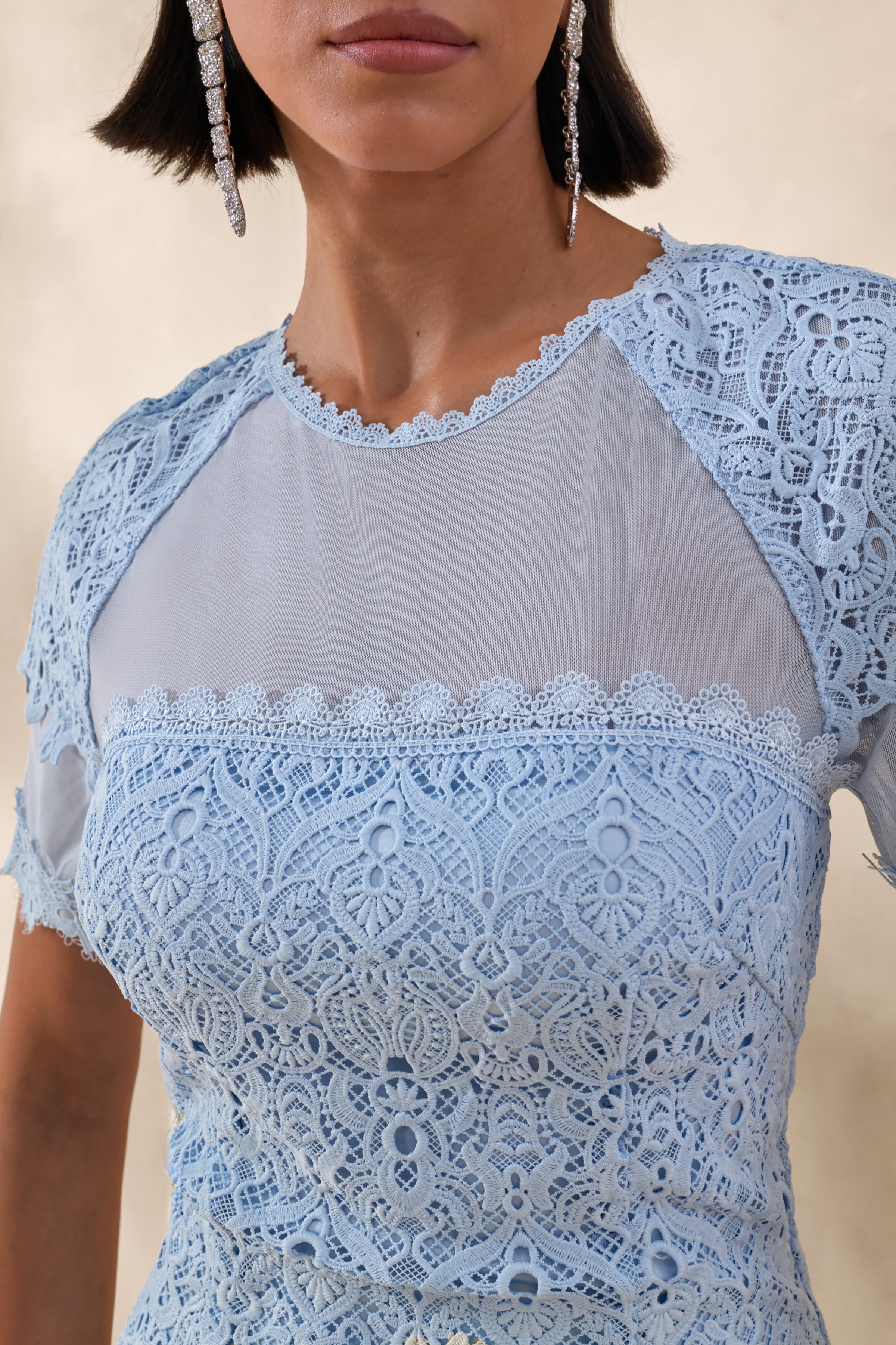 Leanne | Powder Blue Mesh And Lace Crew-Neck Fishtail Midi Dress
