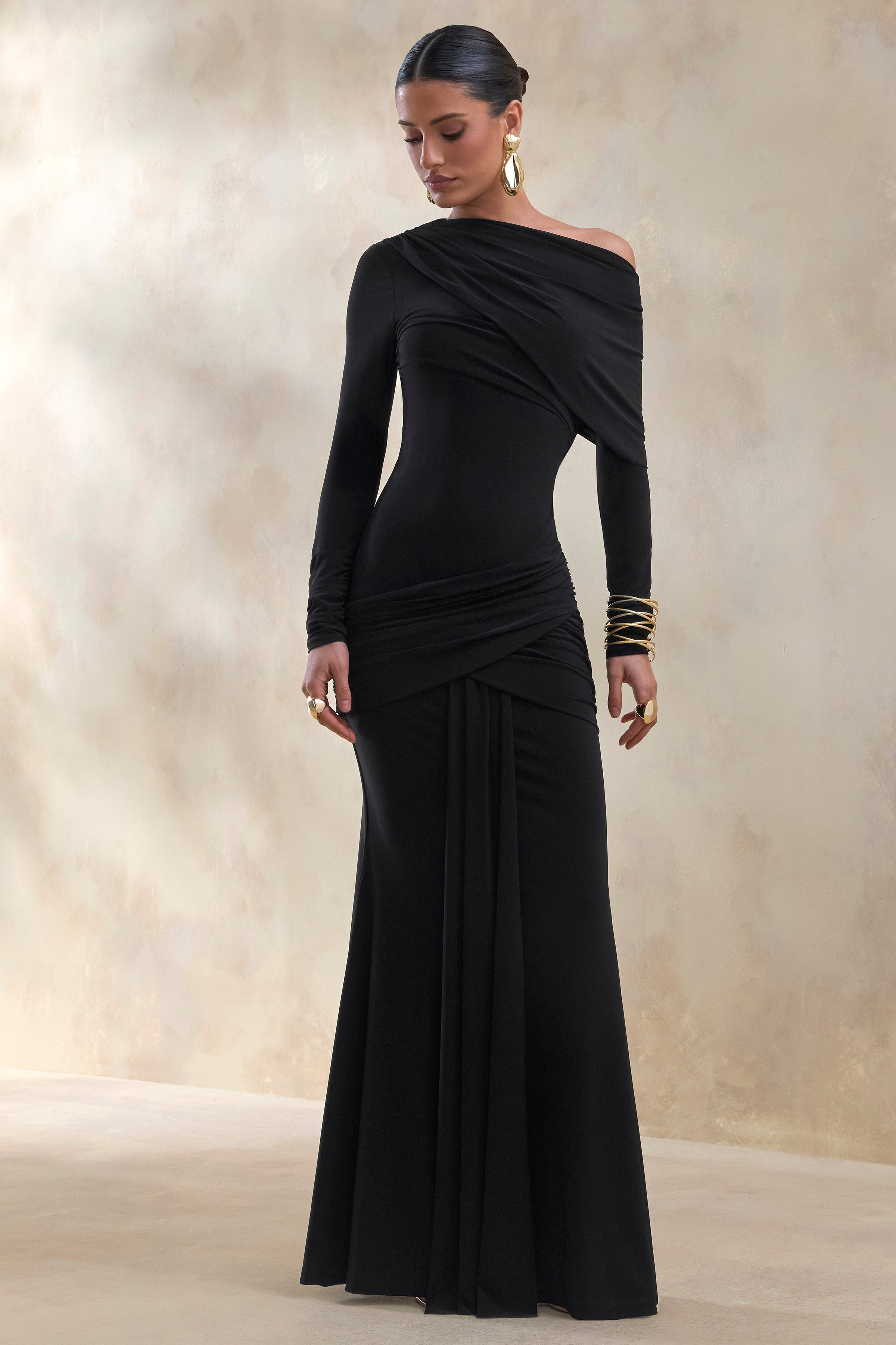 Kessara | Black Asymmetric-Neck Maxi Dress With Sash And Gathered-Detailing