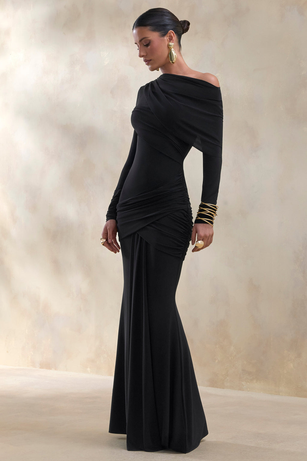 Kessara | Black Asymmetric-Neck Maxi Dress With Sash And Gathered-Detailing