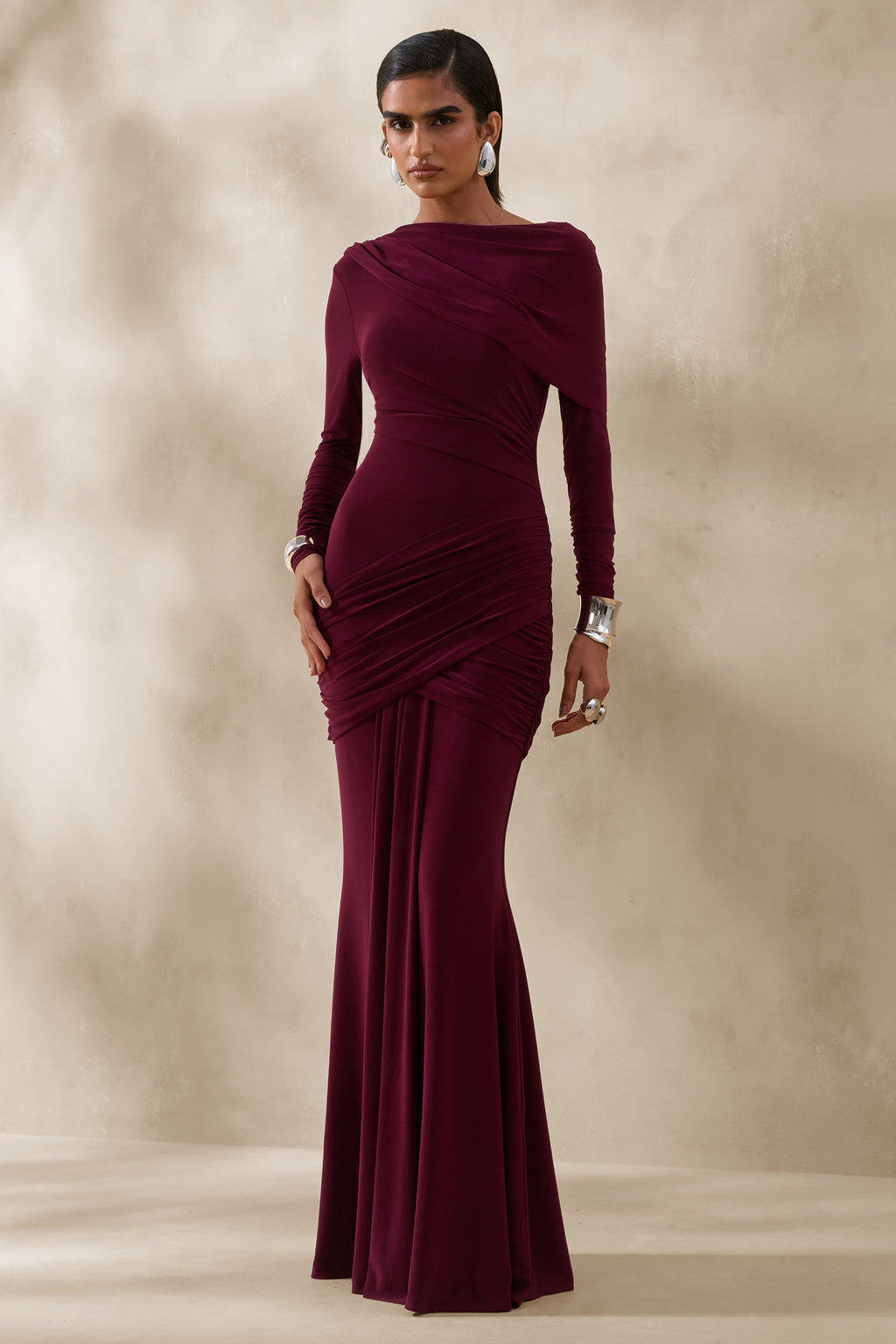 Kessara | Burgundy Asymmetric-Neck Maxi Dress With Sash And Gathered-Detailing