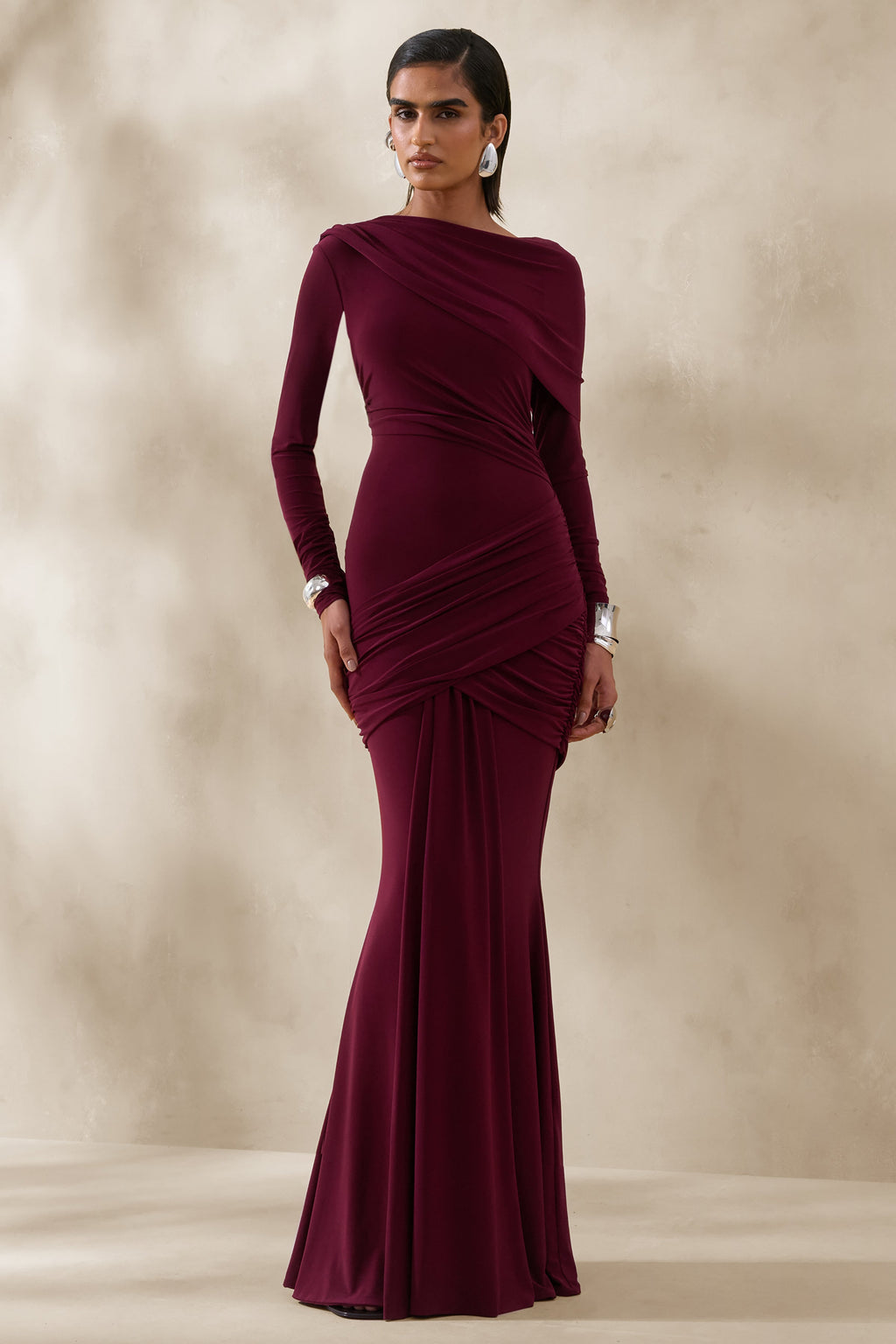Kessara | Burgundy Asymmetric-Neck Maxi Dress With Sash And Gathered-Detailing
