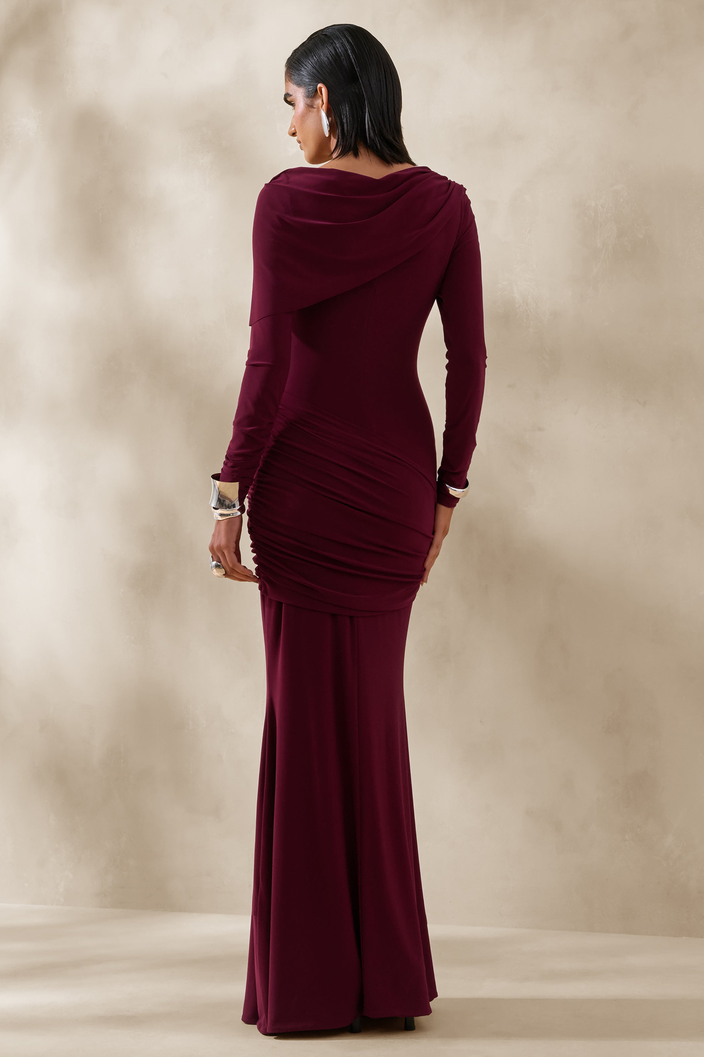 Kessara | Burgundy Asymmetric-Neck Maxi Dress With Sash And Gathered-Detailing