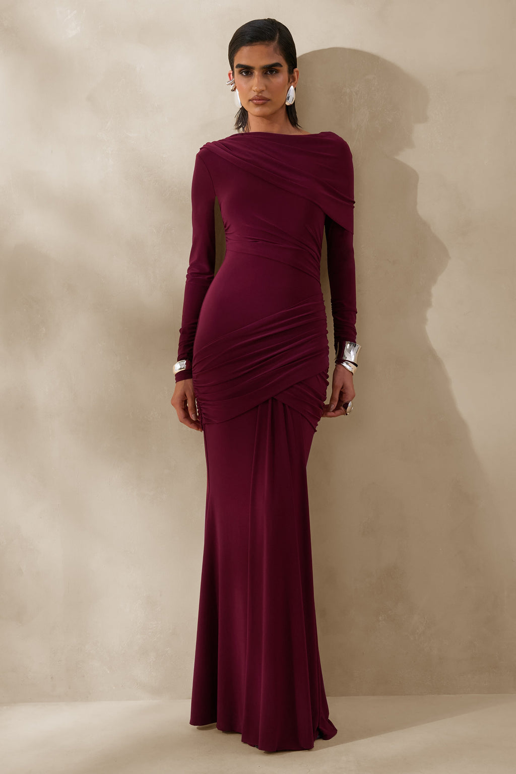 Kessara | Burgundy Asymmetric-Neck Maxi Dress With Sash And Gathered-Detailing