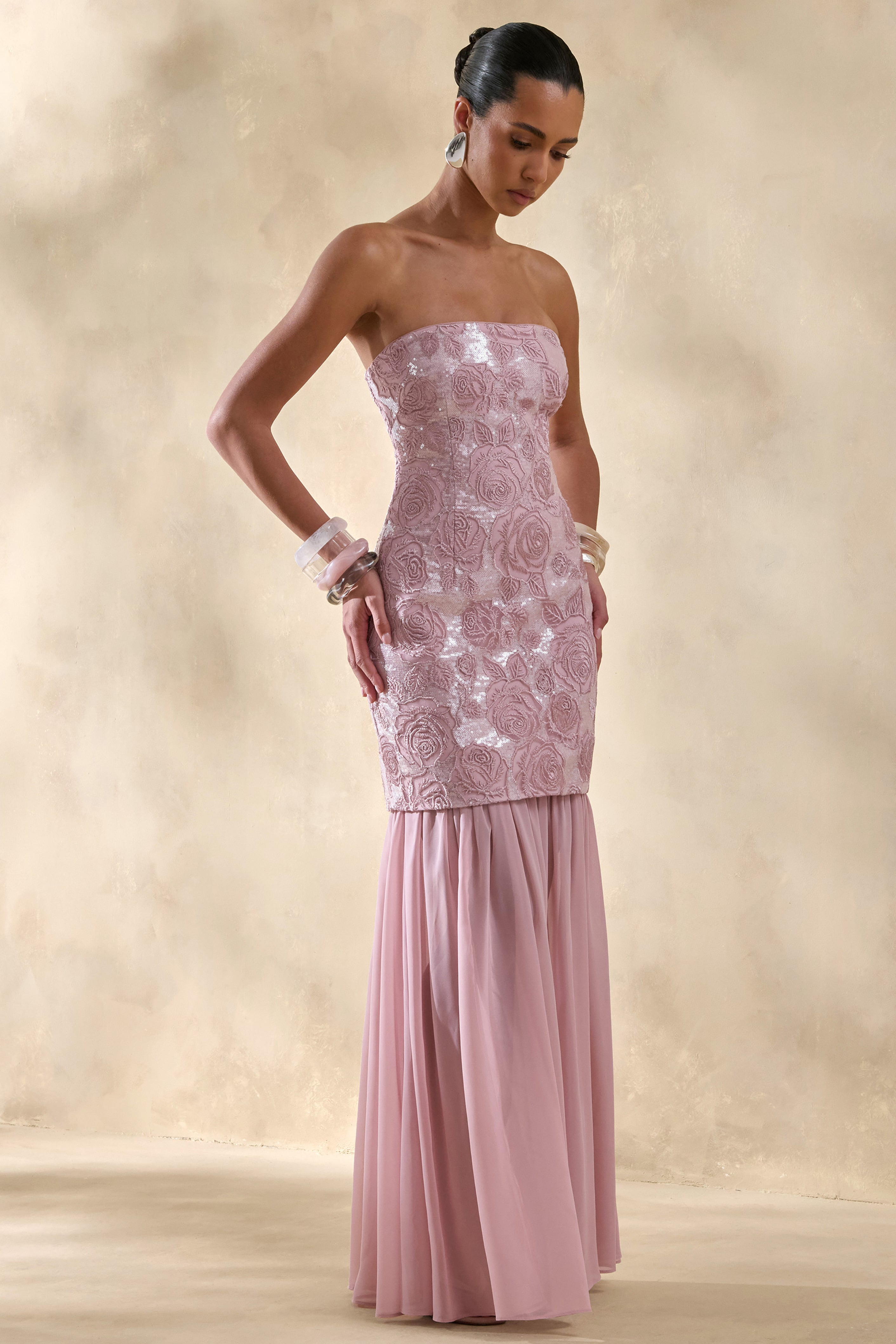 Meraly | Pink Sequin Bandeau Maxi Dress With Scarf-Detail