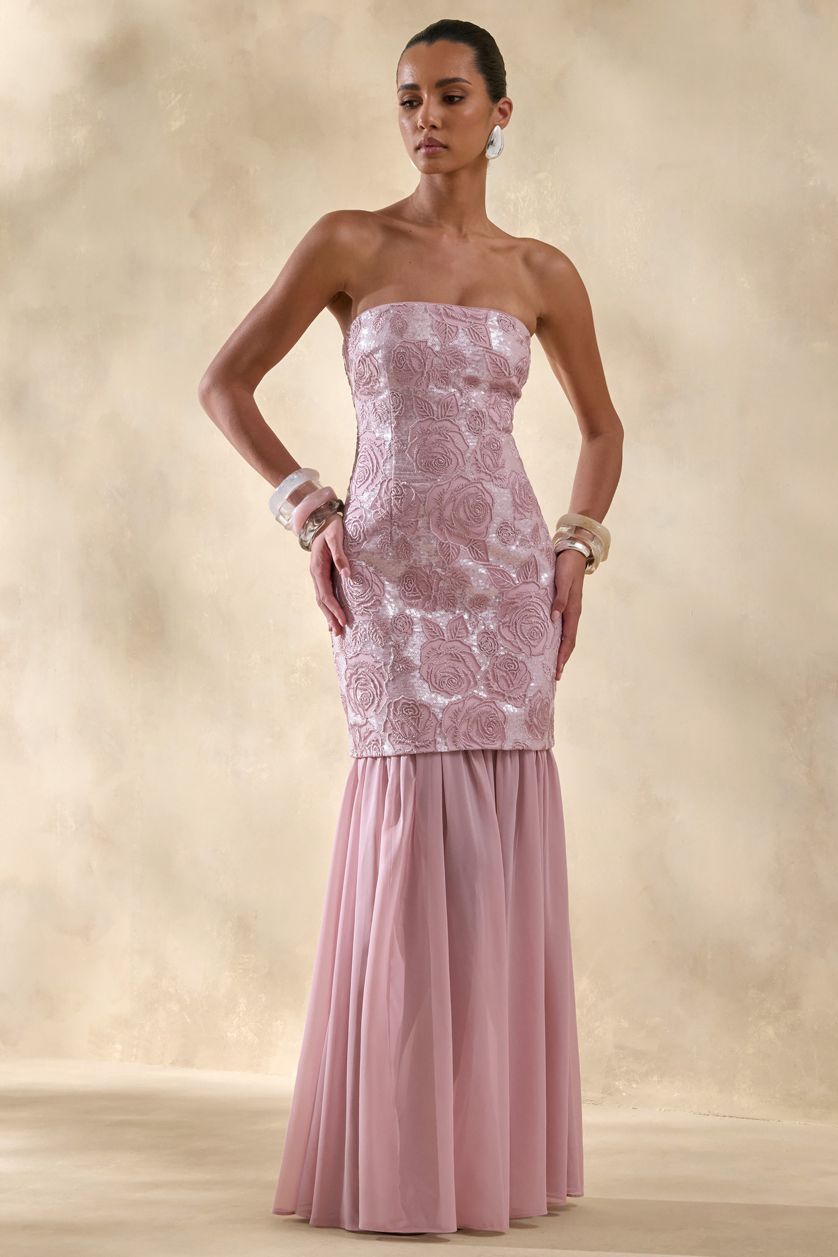 Meraly | Pink Sequin Bandeau Maxi Dress With Scarf-Detail