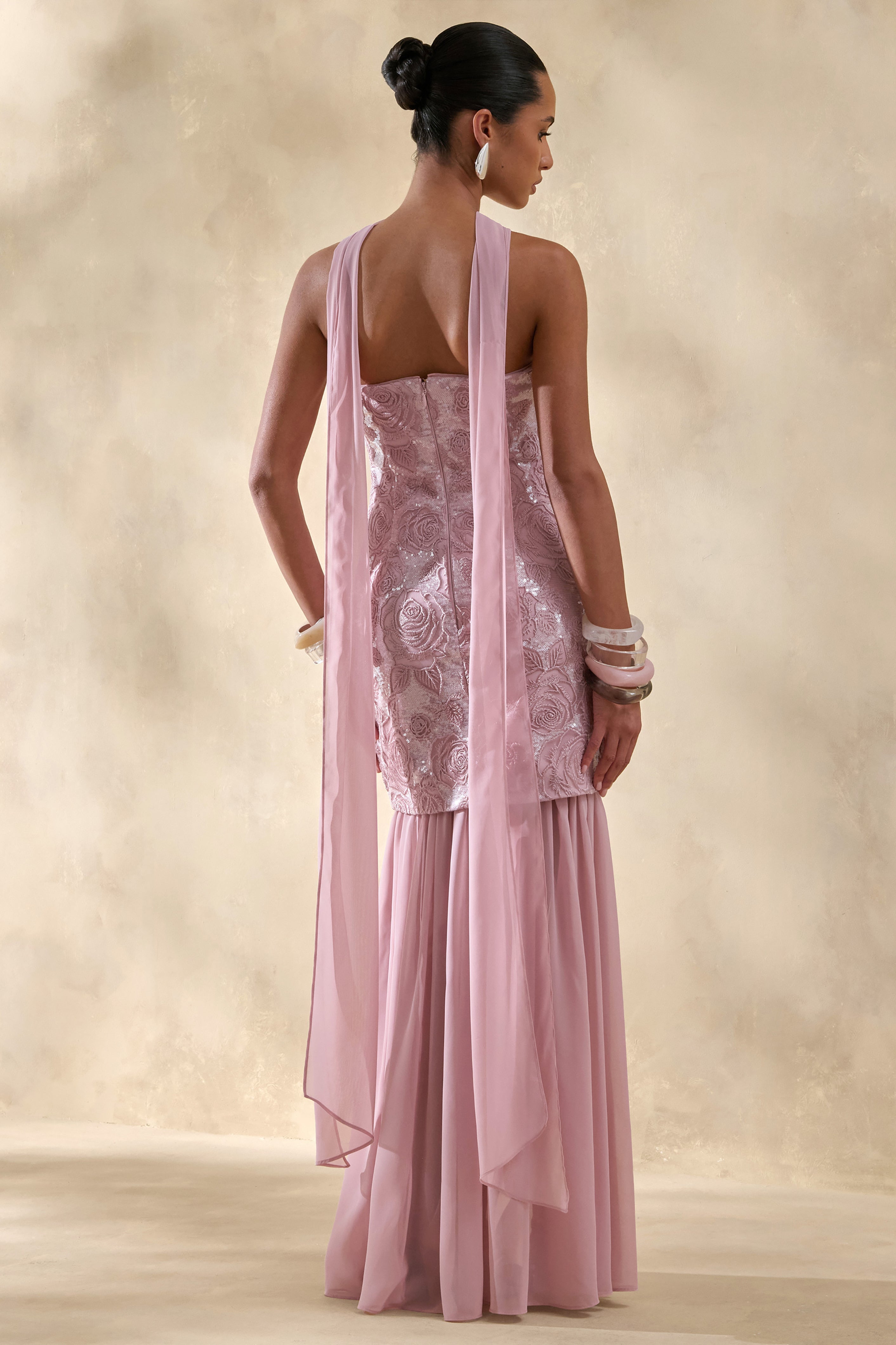 Meraly | Pink Sequin Bandeau Maxi Dress With Scarf-Detail