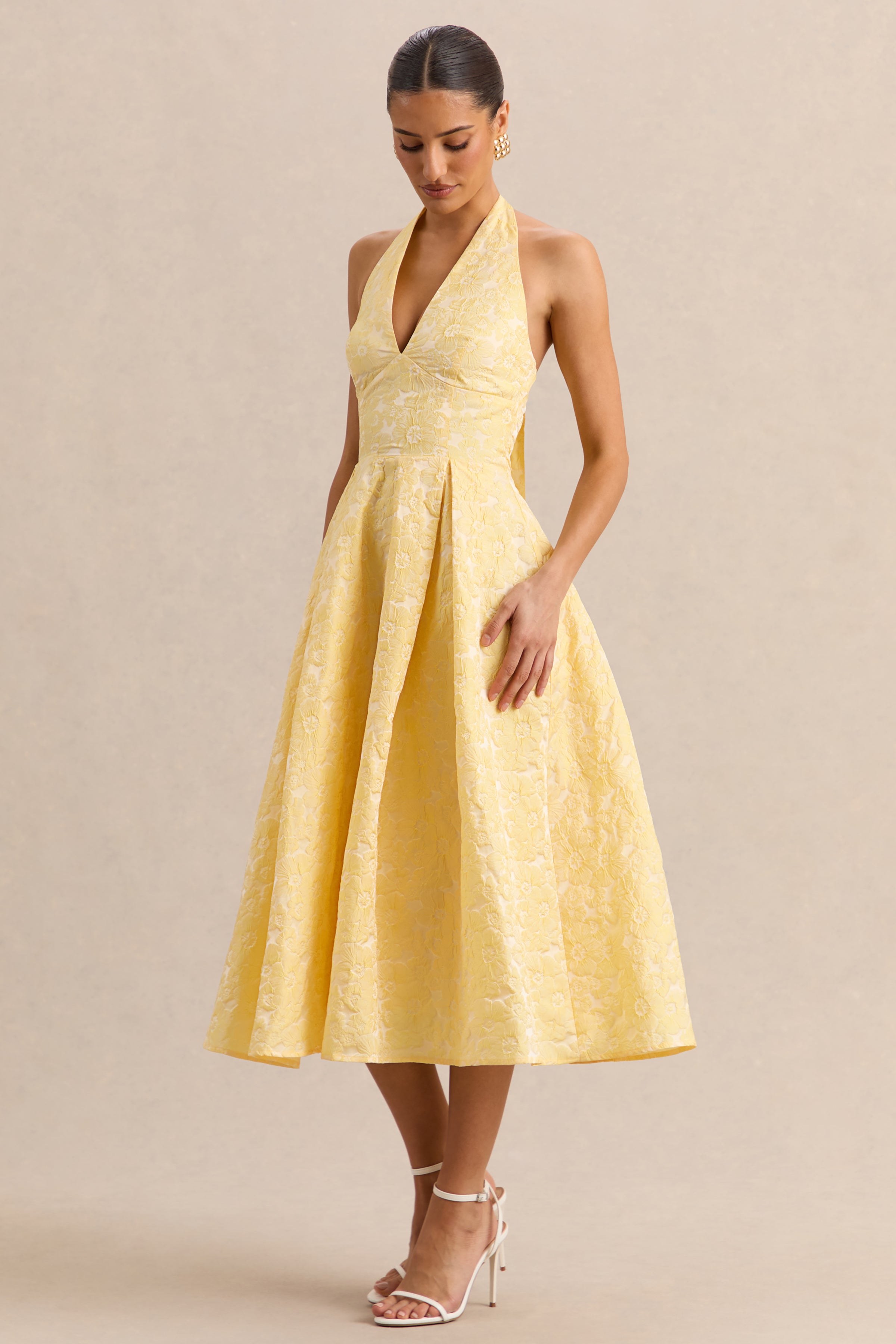 Nyomi | Lemon Satin Halter-Neck Midi-Dress