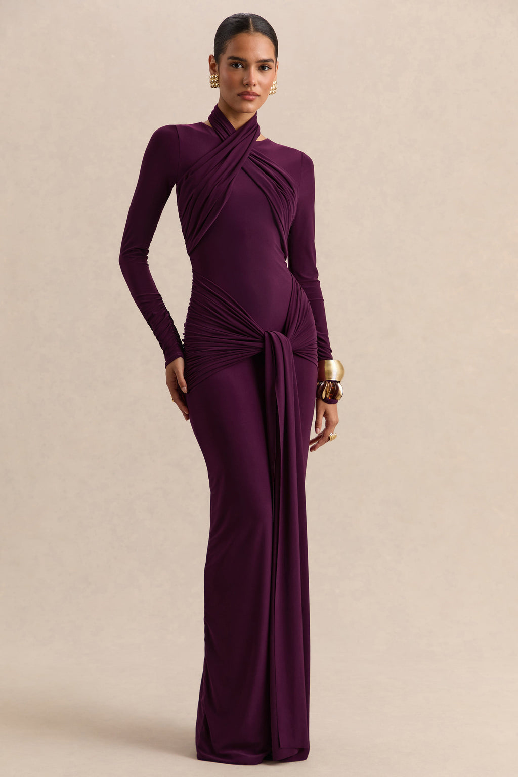 Linessa | Dark Plum High-Neck Maxi Dress With Sash And Gathered-Detailing