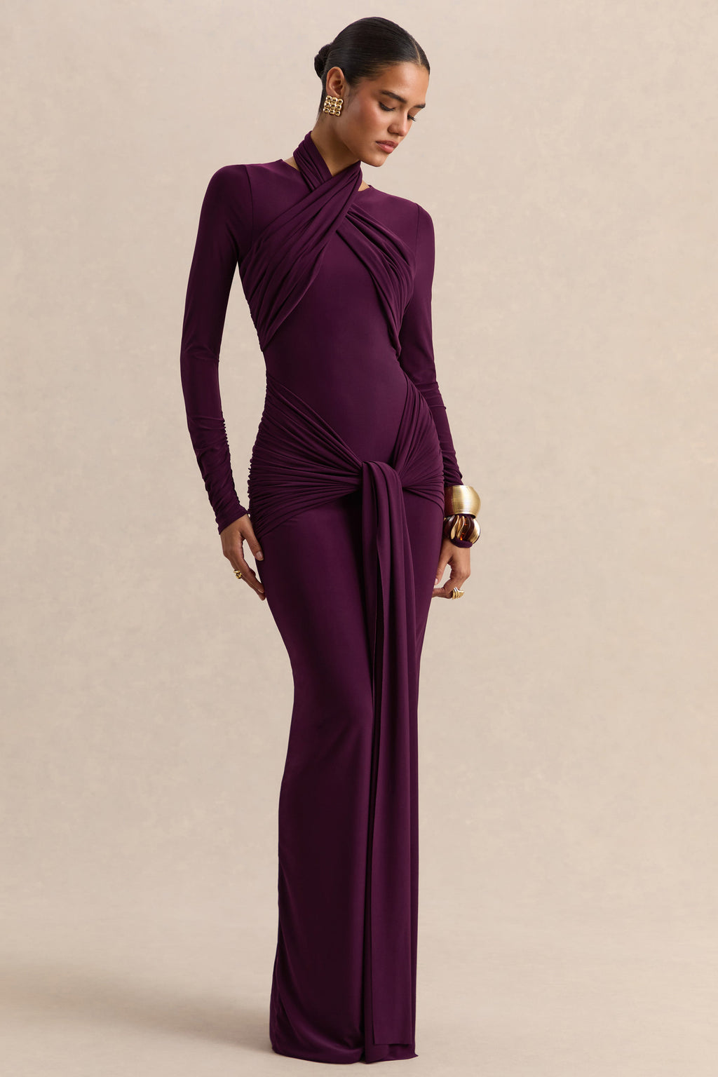 Linessa | Dark Plum High-Neck Maxi Dress With Sash And Gathered-Detailing