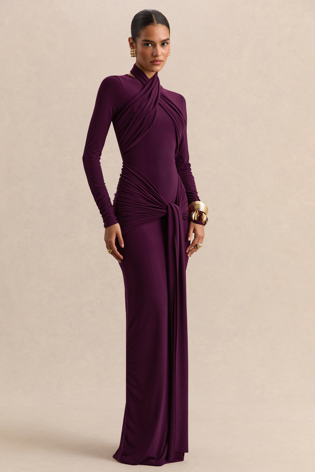 Linessa | Dark Plum High-Neck Maxi Dress With Sash And Gathered-Detailing