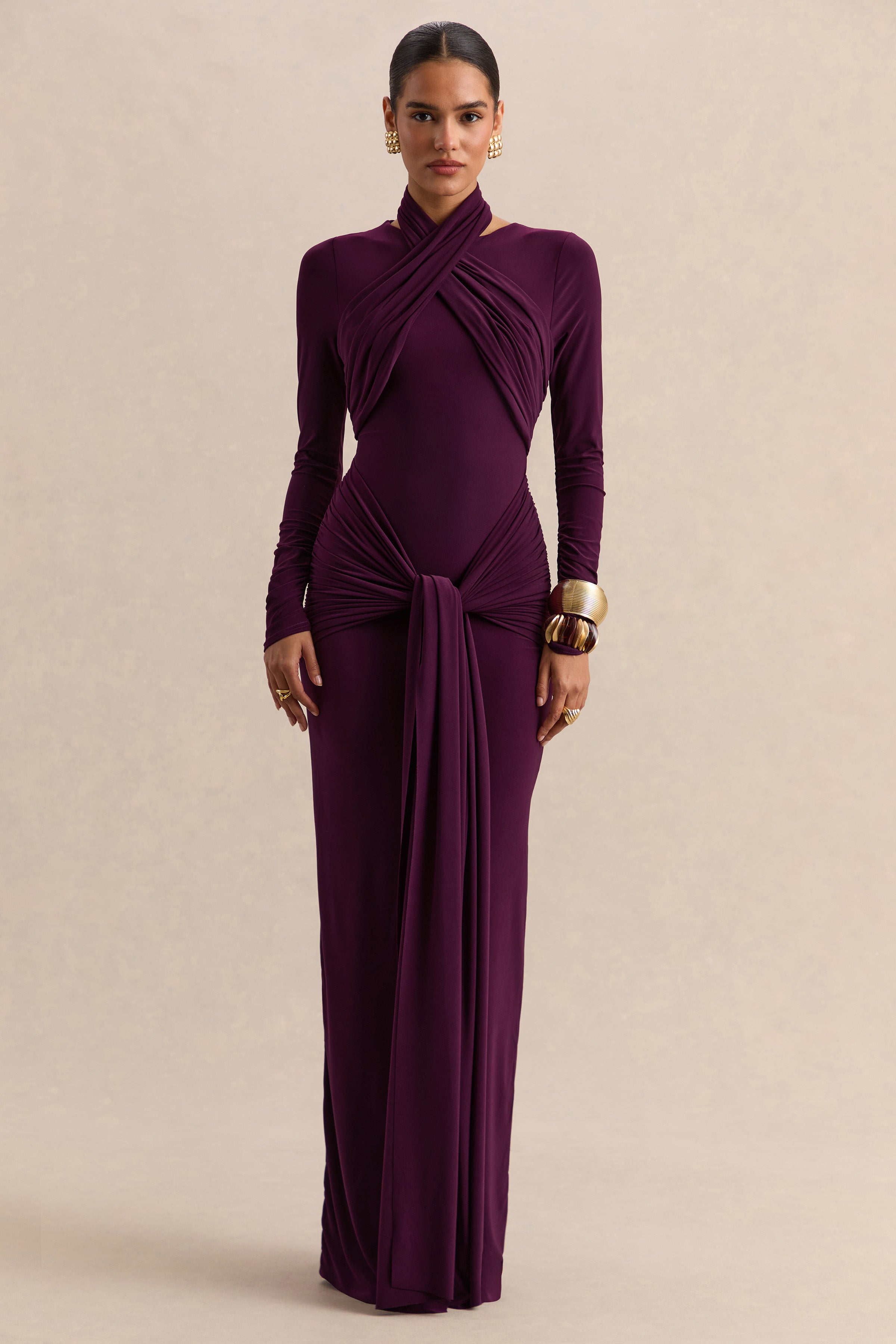 Linessa | Dark Plum High-Neck Maxi Dress With Sash And Gathered-Detailing