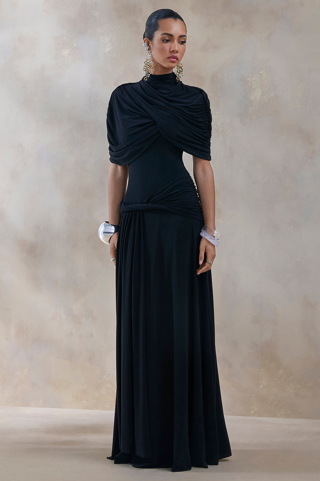 Evelisse | Black High-Neck Maxi Dress With Short-Cape Sleeves