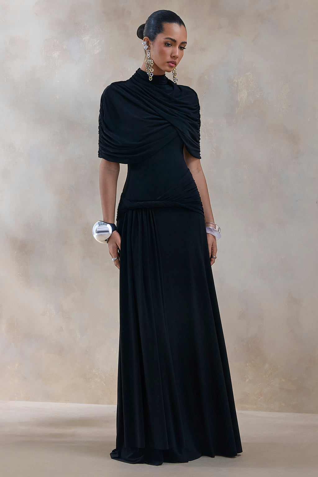 Evelisse | Black High-Neck Maxi Dress With Short-Cape Sleeves