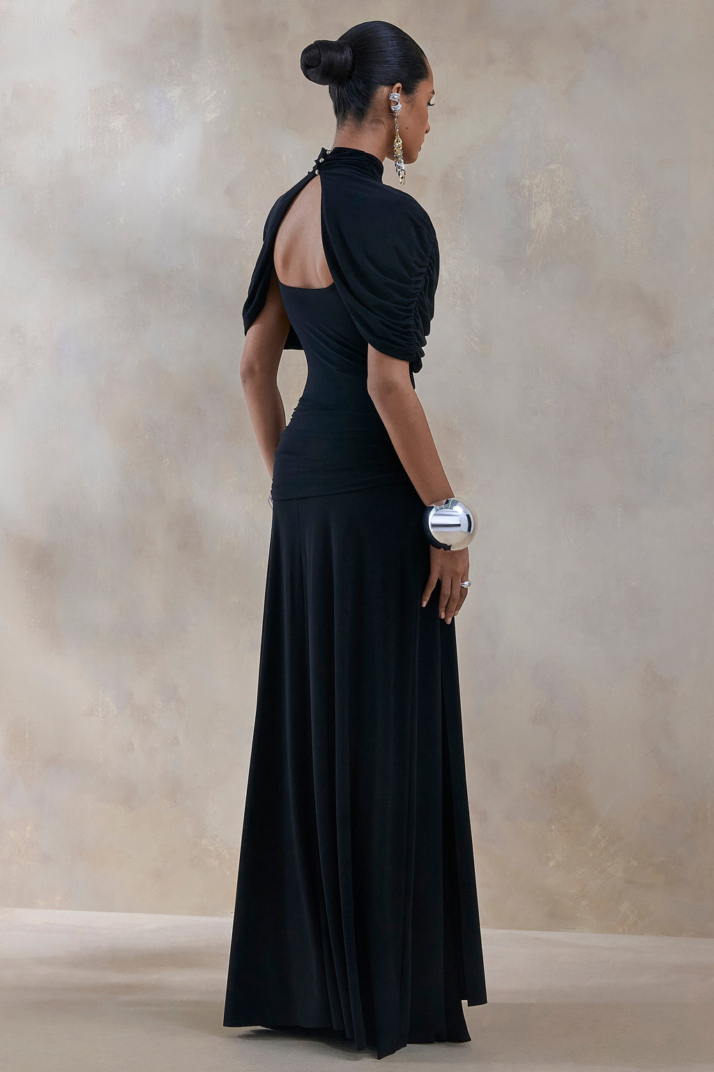 Evelisse | Black High-Neck Maxi Dress With Short-Cape Sleeves