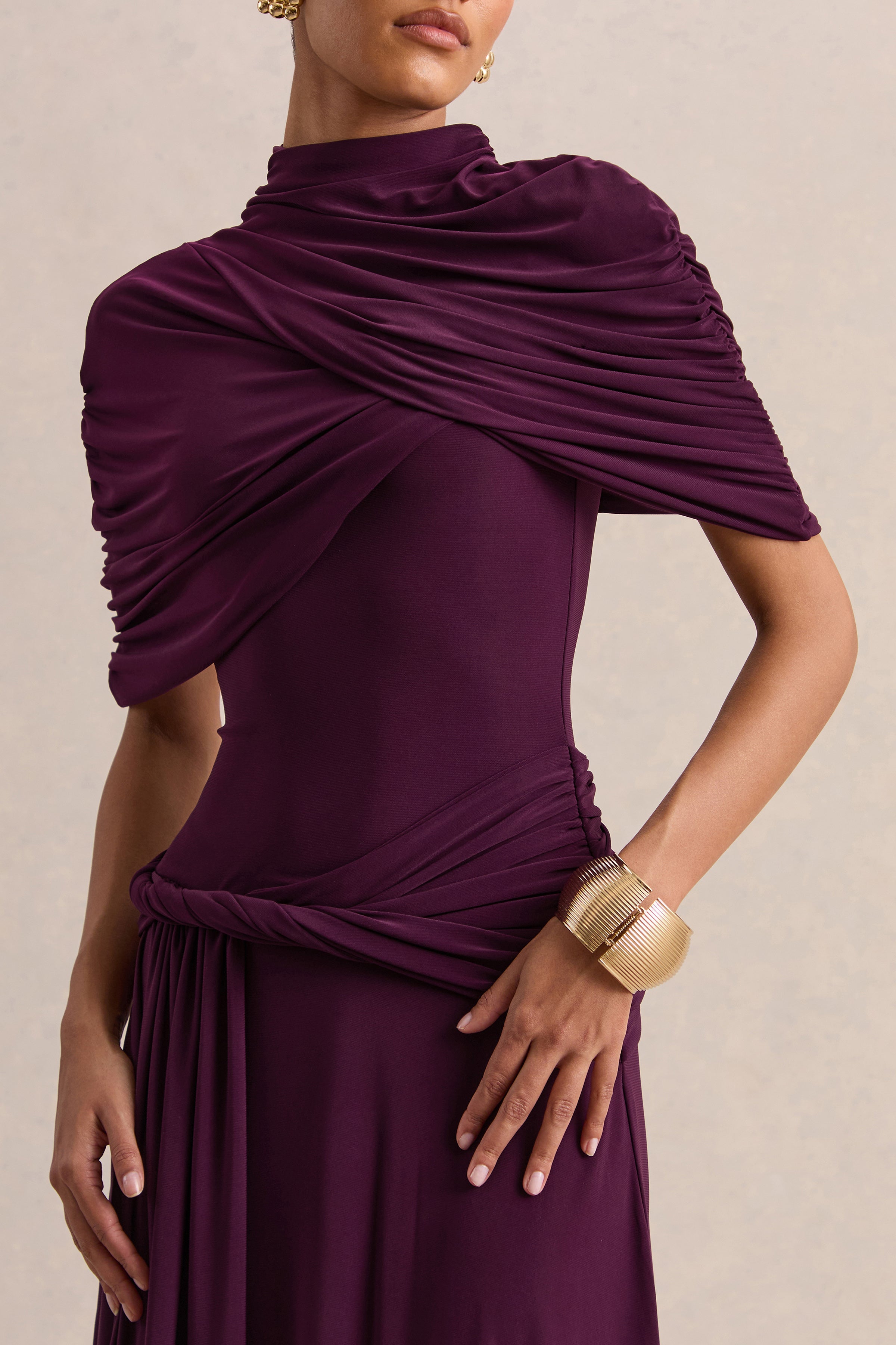 Evelisse | Plum High-Neck Maxi Dress With Short-Cape Sleeves