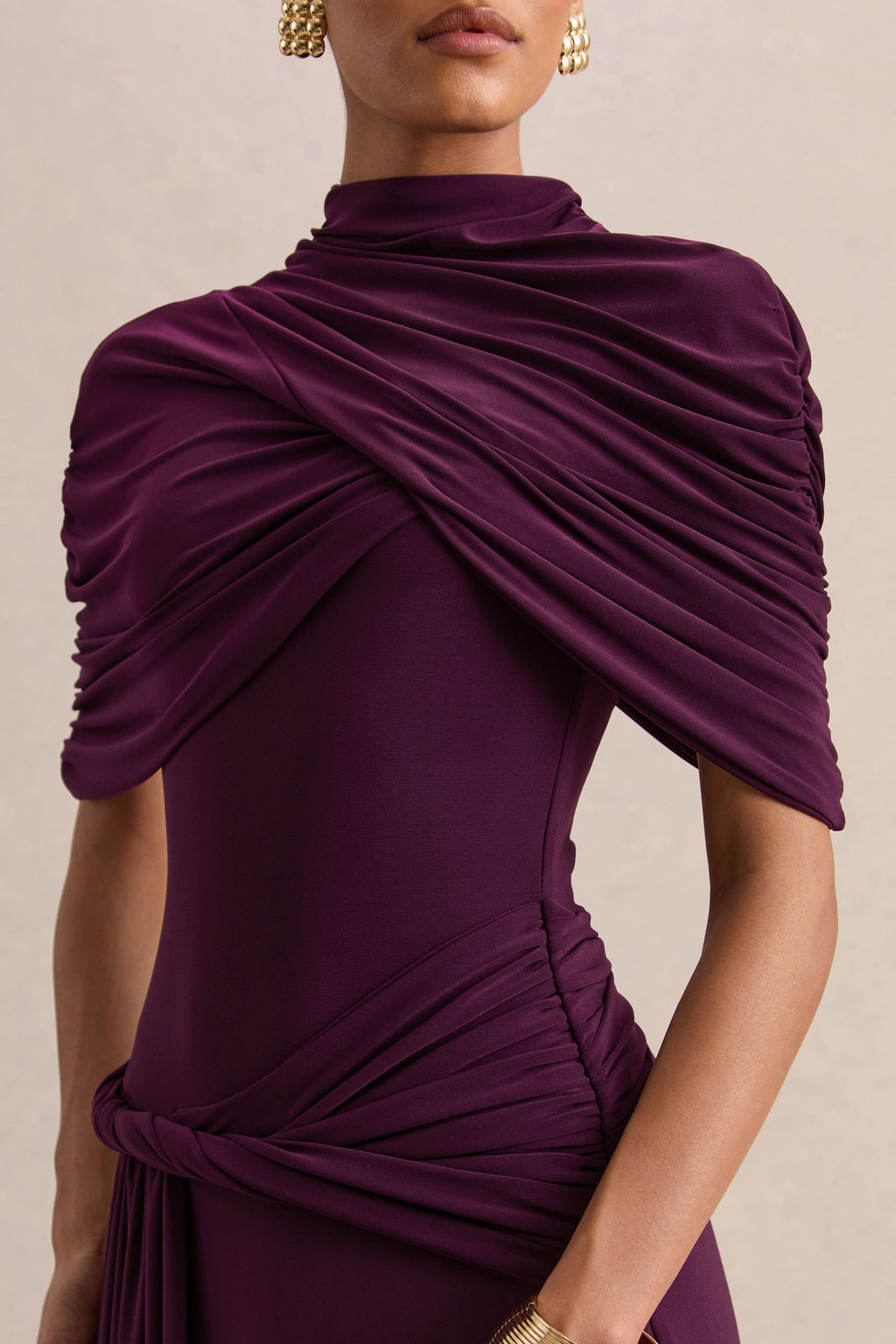 Evelisse | Plum High-Neck Maxi Dress With Short-Cape Sleeves